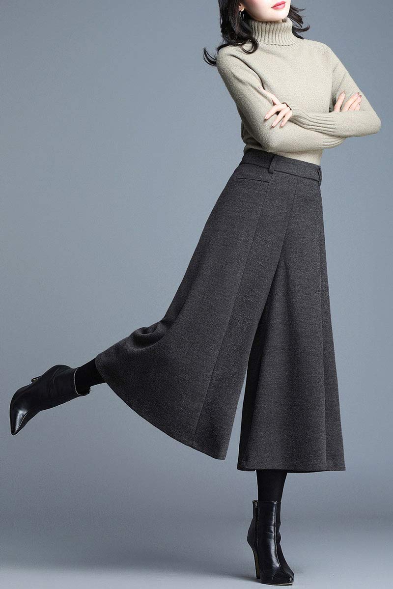 Ebossy Women's High Waisted Wool Flared Wide Leg Pants - Winter Warm Fleece Lined Culottes for Office, Travel & Casual Outfits