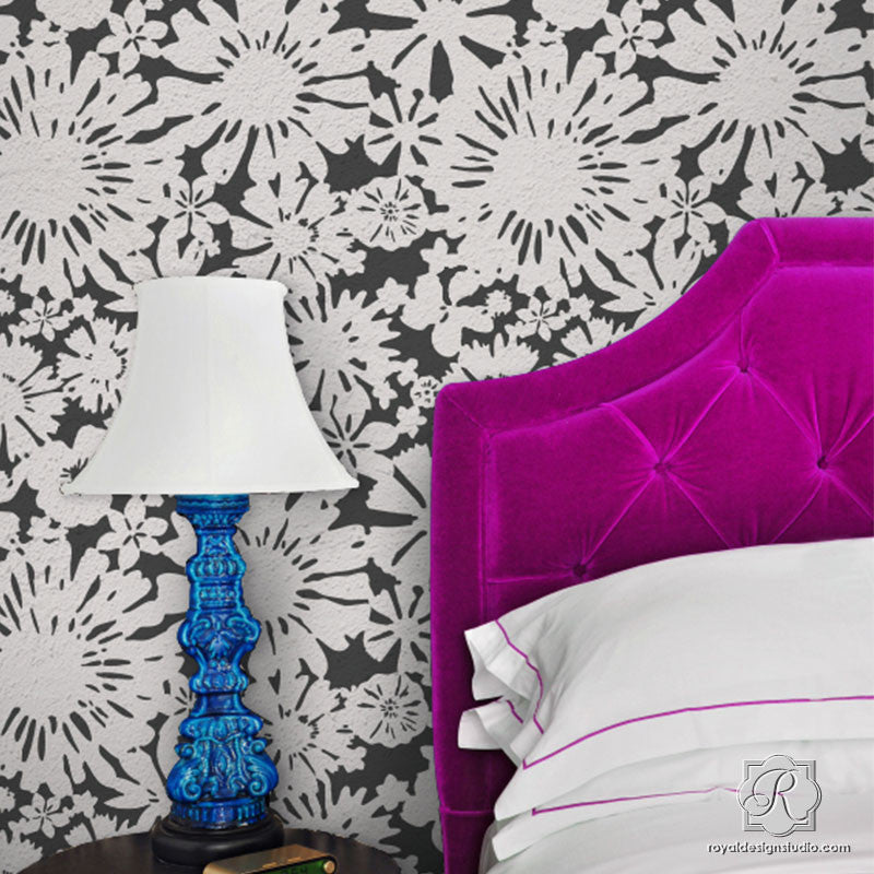 Floral Fireworks Allover Wall Stencil - DIY Home Decor Painting Template for Bedroom, Living Room, Nursery | Reusable Wall Art Design Tool