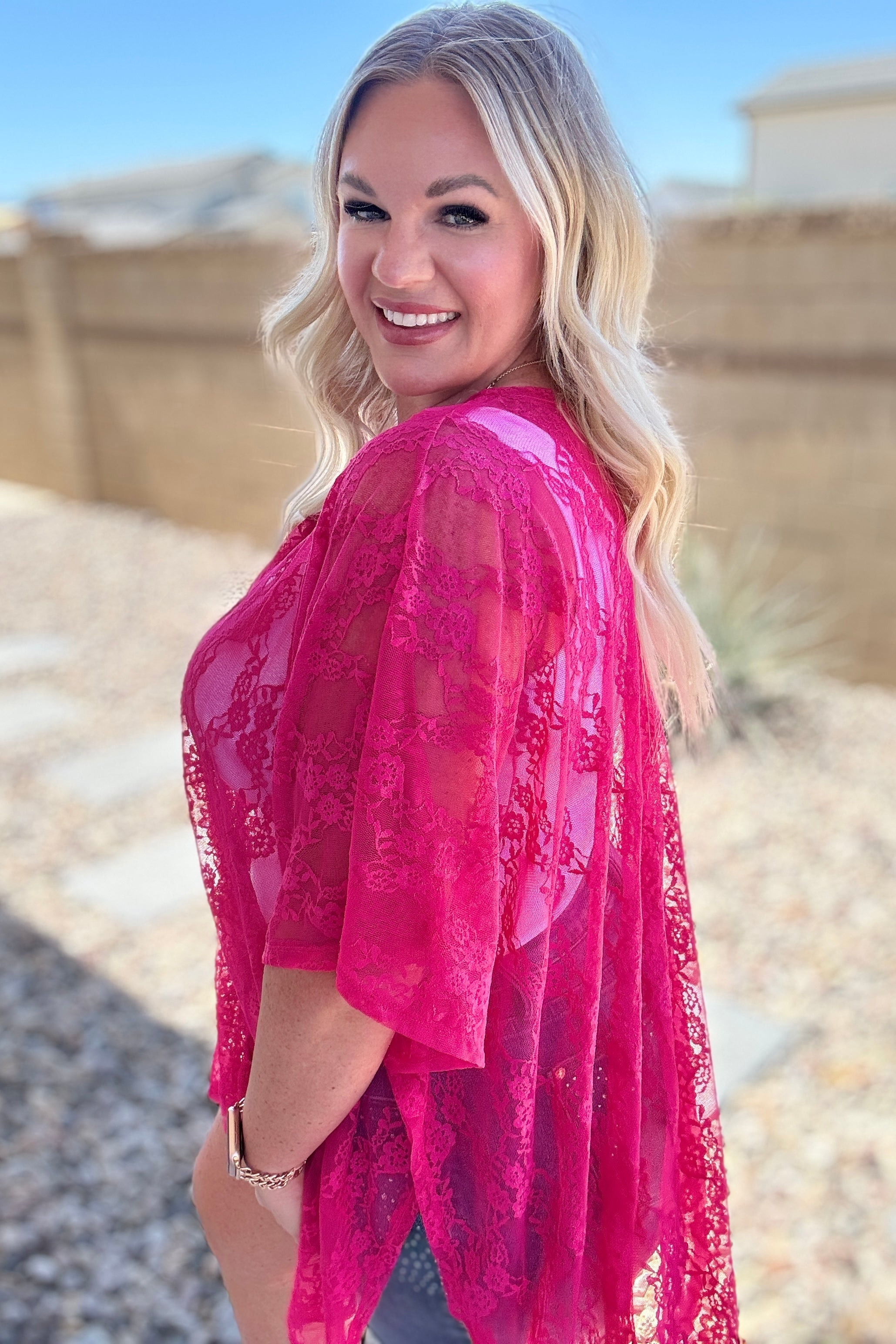Stylish Fuchsia Lace Kimono Robe for Women - Elegant Lightweight Cover Up for Beach, Bridal Party & Home Relaxation
