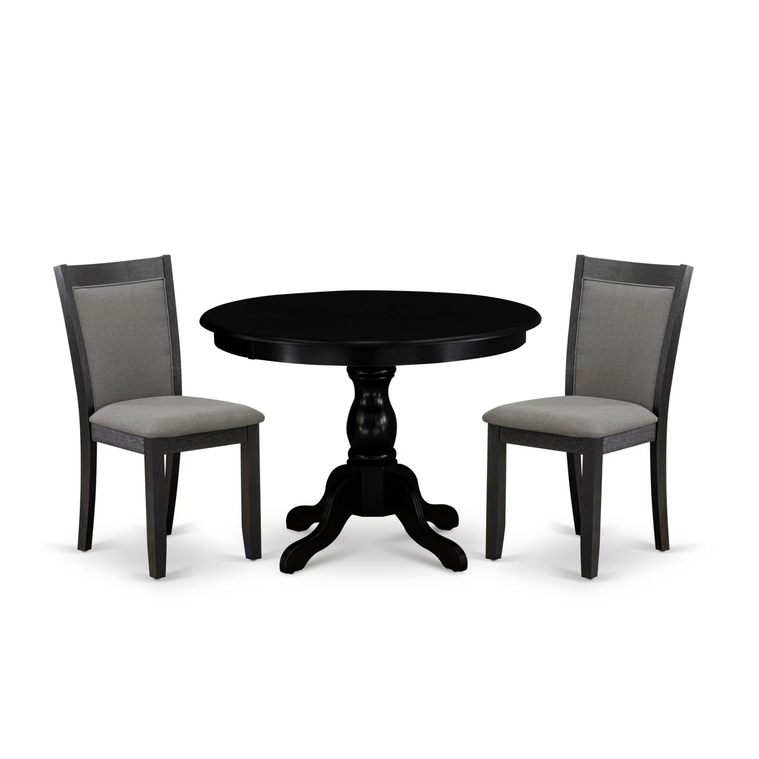 East West Furniture 3-Piece Small Dinette Set - 42x42 Inch Round Pedestal Dining Table with 2 Dark Gotham Grey Linen Upholstered Chairs, Wirebrushed Black Finish | Perfect for Small Spaces, Apartments, Breakfast Nooks & Cozy Dining Areas