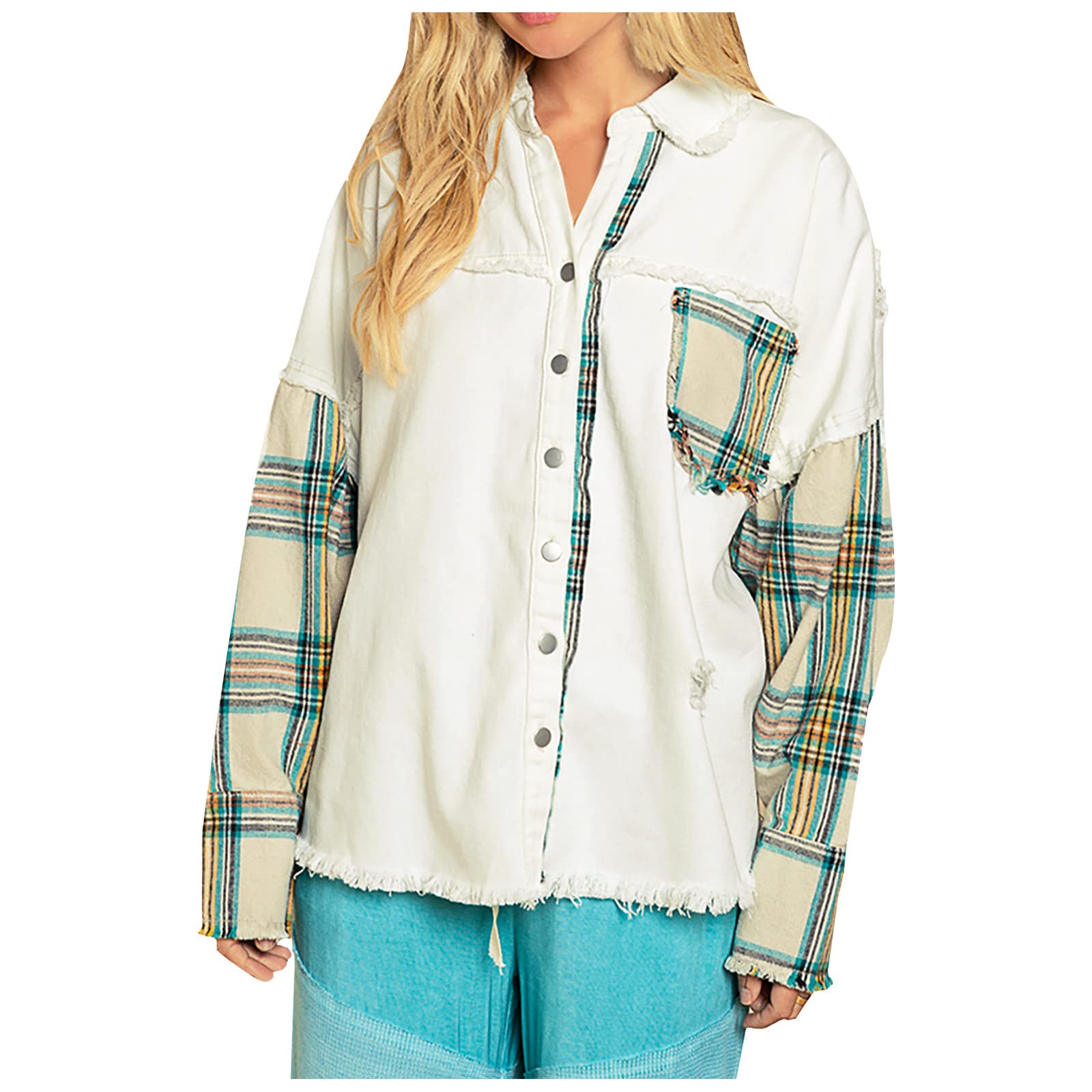 Vintage Women's Long Sleeve Plus Size Button Down Camo Patchwork Shirt - Casual Drop Shoulder Blouse for Everyday Wear, Outdoor Adventures & Boho Fashion