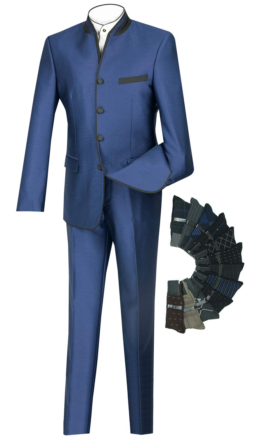 Slim Fit Mandarin Collar Nehru Jacket Suit with Banded Trim - Includes 1 Pair of Socks | Formal Wear for Weddings, Business Meetings & Special Occasions