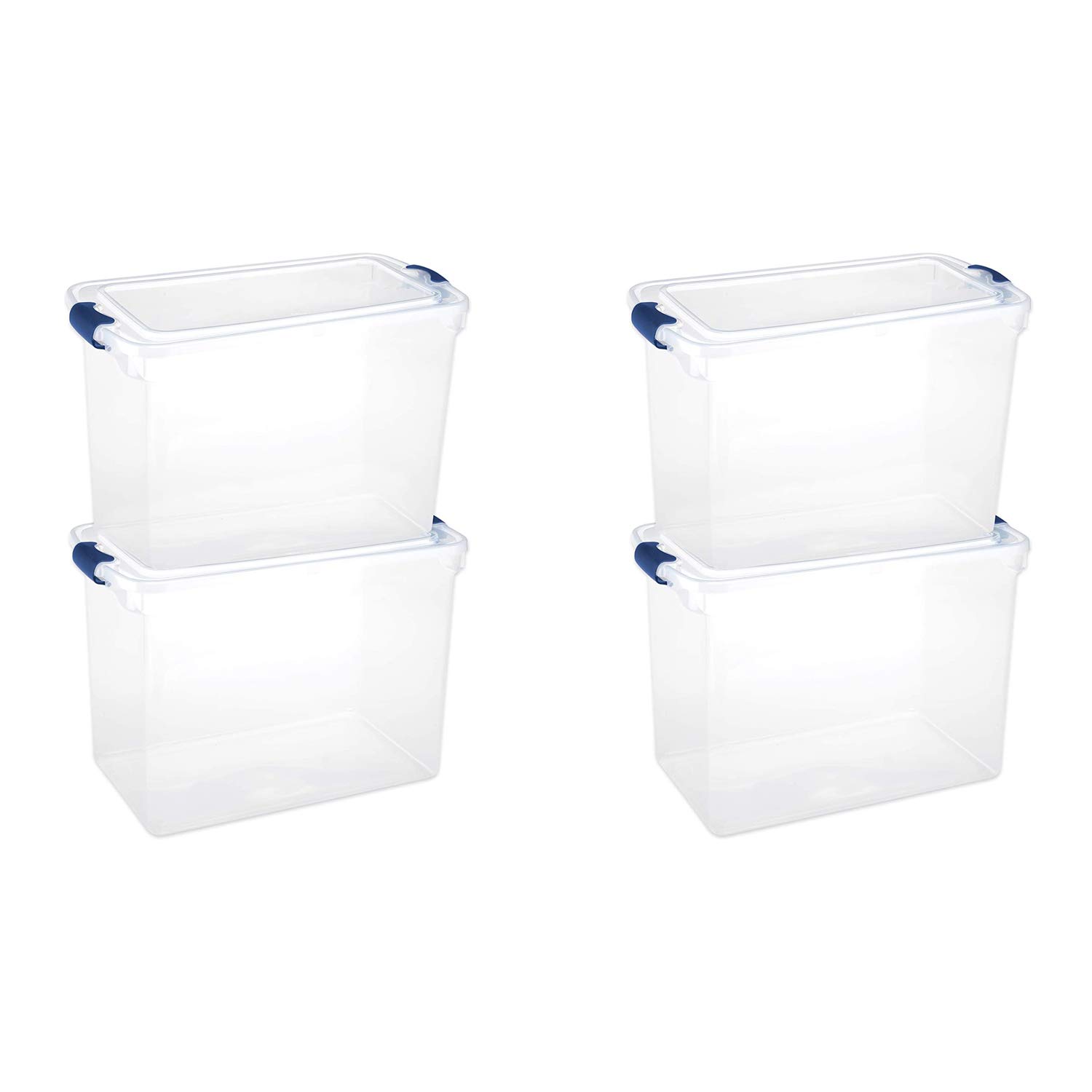 HOMZ 4-Pack 112 Quart Clear Plastic Storage Bins with Secure Blue Latches - Stackable Organizer Containers for Home, Office, Closet & Garage Organization