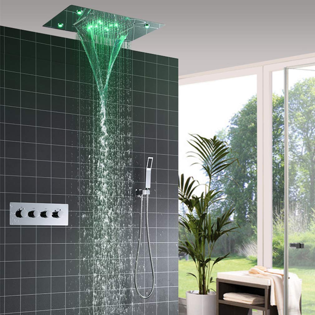 LED Luxury Square Waterfall Rain Shower Head with Color Changing Thermostatic Tap - Large Ceiling Rain Shower System Combo for Modern Bathroom | Perfect for Spa-Like Experience & Relaxing Showers