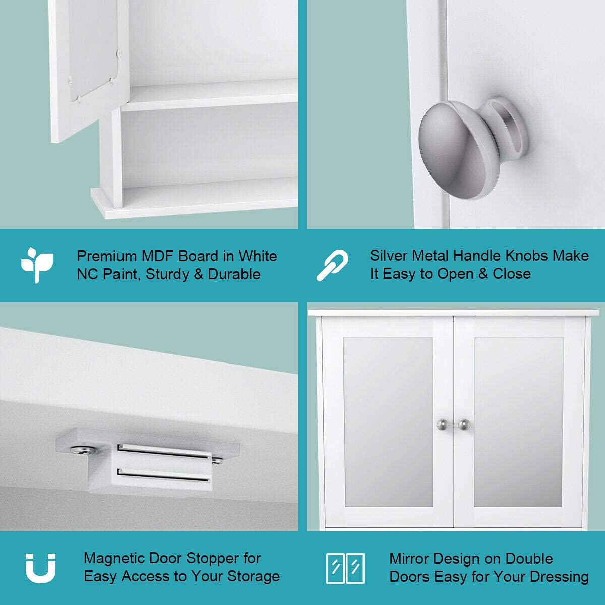 White Wall Mounted Wooden Bathroom Cabinet with Double Mirror Doors - Over Toilet Storage Organizer with Round Knobs for Bathroom, Kitchen, Bedroom - Perfect for Small Space Organization & Home Decor