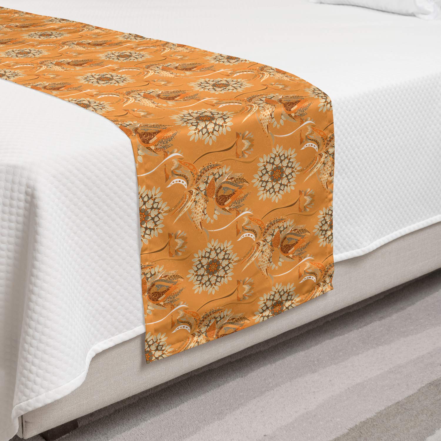 Ambesonne Tan and Brown Bed Runner Set with Ottoman Garden Floral Pattern - Decorative Bedding Scarf & Pillow Sham for Twin Beds | Perfect for Hotels, Homes, and Guest Room Decor (Orange, Tan, Brown)