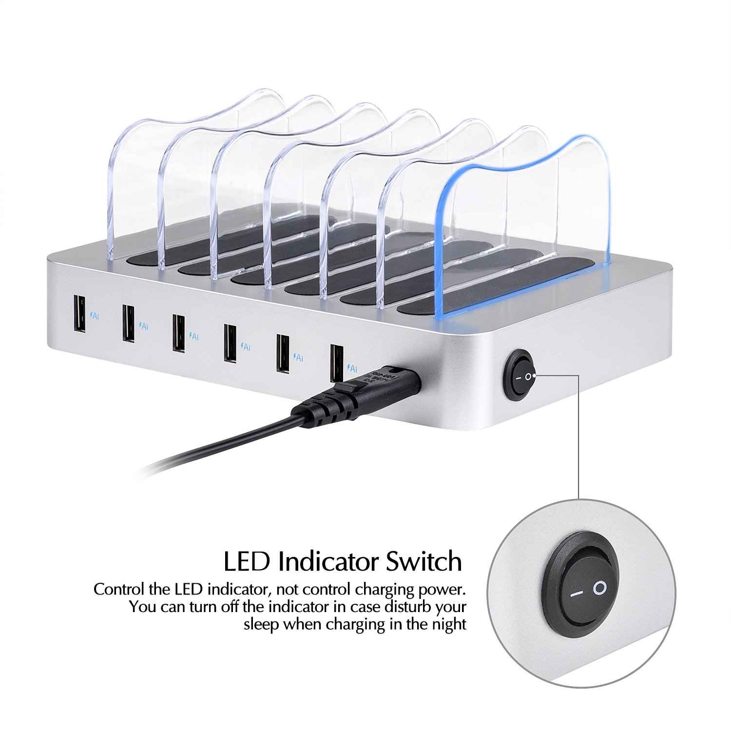 Pritek 6-Port USB Charging Station Dock & Organizer - Multi-Device Charger for iPhone, Android, Tablet & Smart Devices with 6 Cables & LED Indicators (Silver) | Perfect for Home, Office & Travel Use