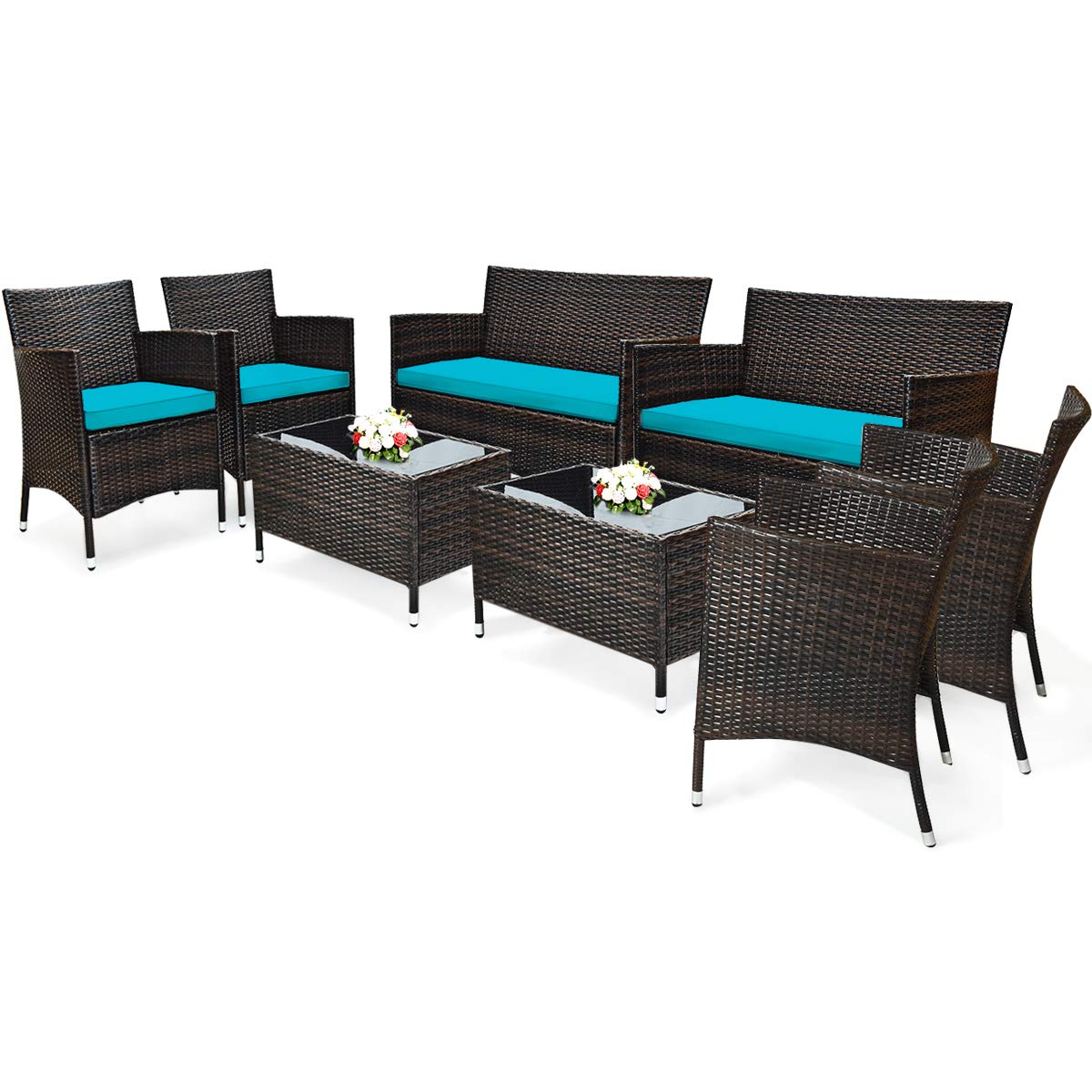 Tangkula 8-Piece Patio Rattan Conversation Set with Tempered Glass Coffee Table & Thick Cushions - Outdoor Wicker Furniture for Garden, Lawn, Poolside, Backyard - Perfect for Relaxing, Entertaining & Outdoor Dining