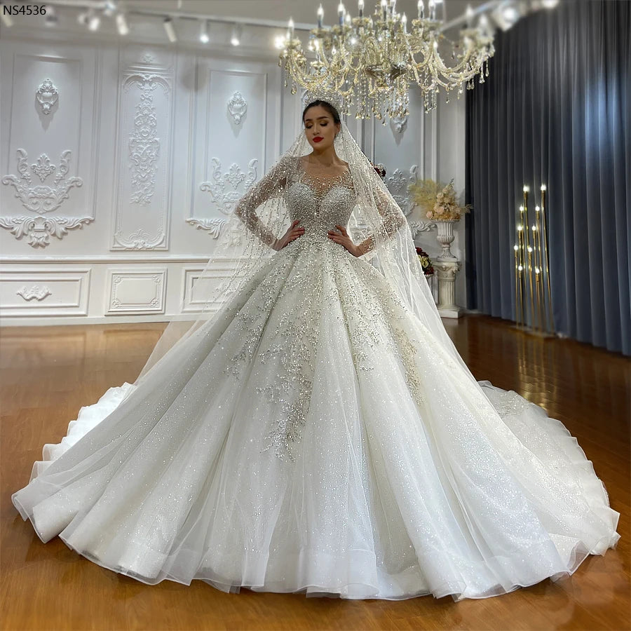 Elegant A-Line Long Sleeve Luxury Wedding Dress for Women - Bridal Gown for Church, Beach & Destination Weddings