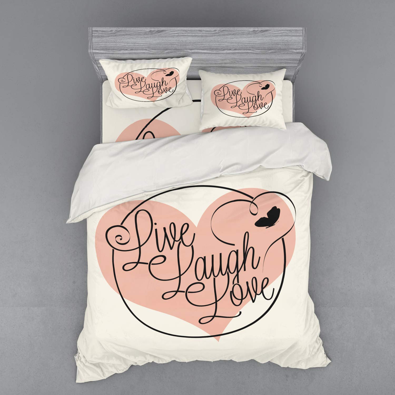 Ambesonne 4-Piece Queen Size Duvet Cover Set - Romantic Valentine's Day Theme with Calligraphy Art, Hearts & Butterflies in Pale Pink, Black & White | Includes Shams & Fitted Sheet | Perfect for Master Bedroom, Guest Room & Anniversary Gifts