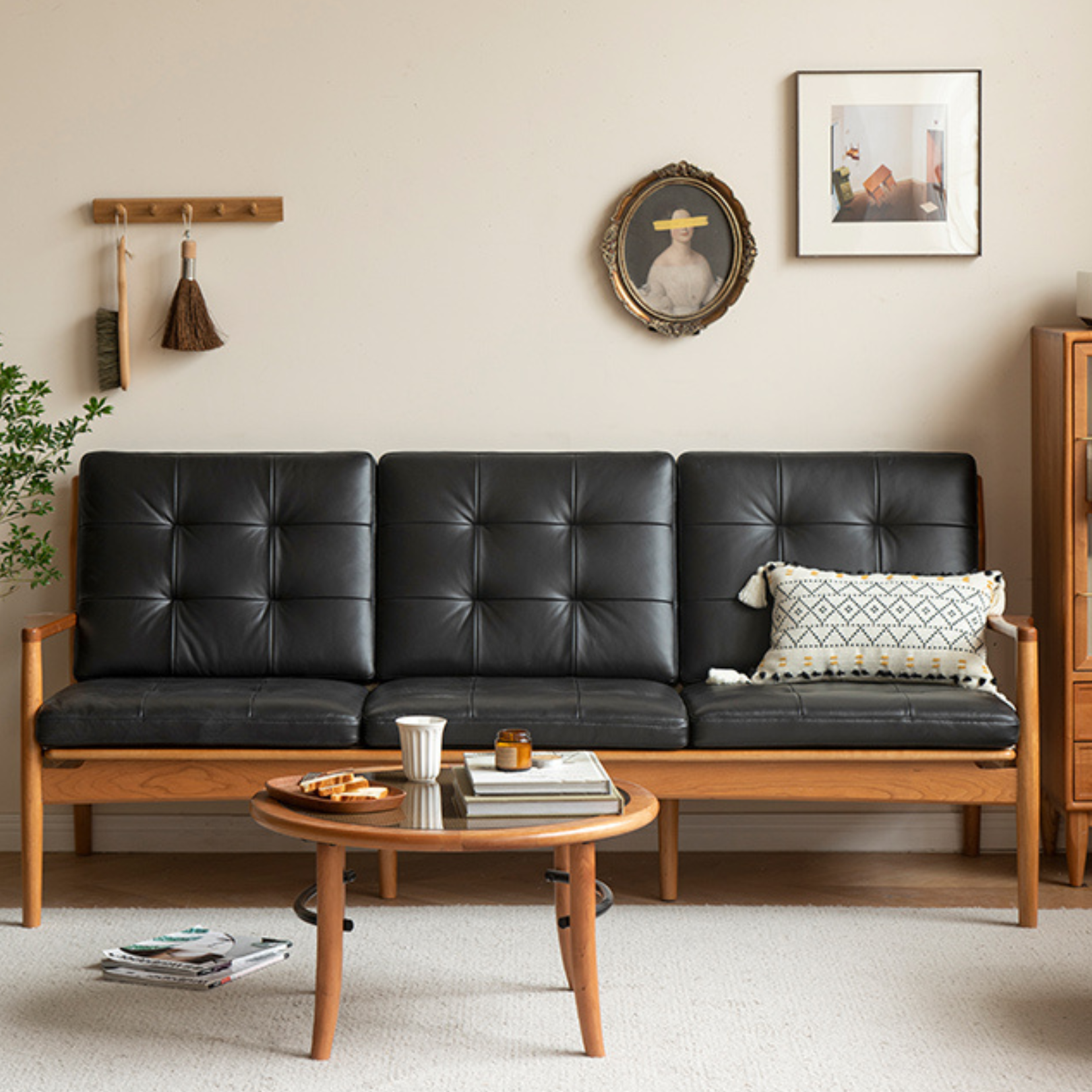 Vintage Oak Solid Wood Rattan Sofa - Convertible 2-in-1 Couch & Daybed for Living Room, Bedroom or Patio