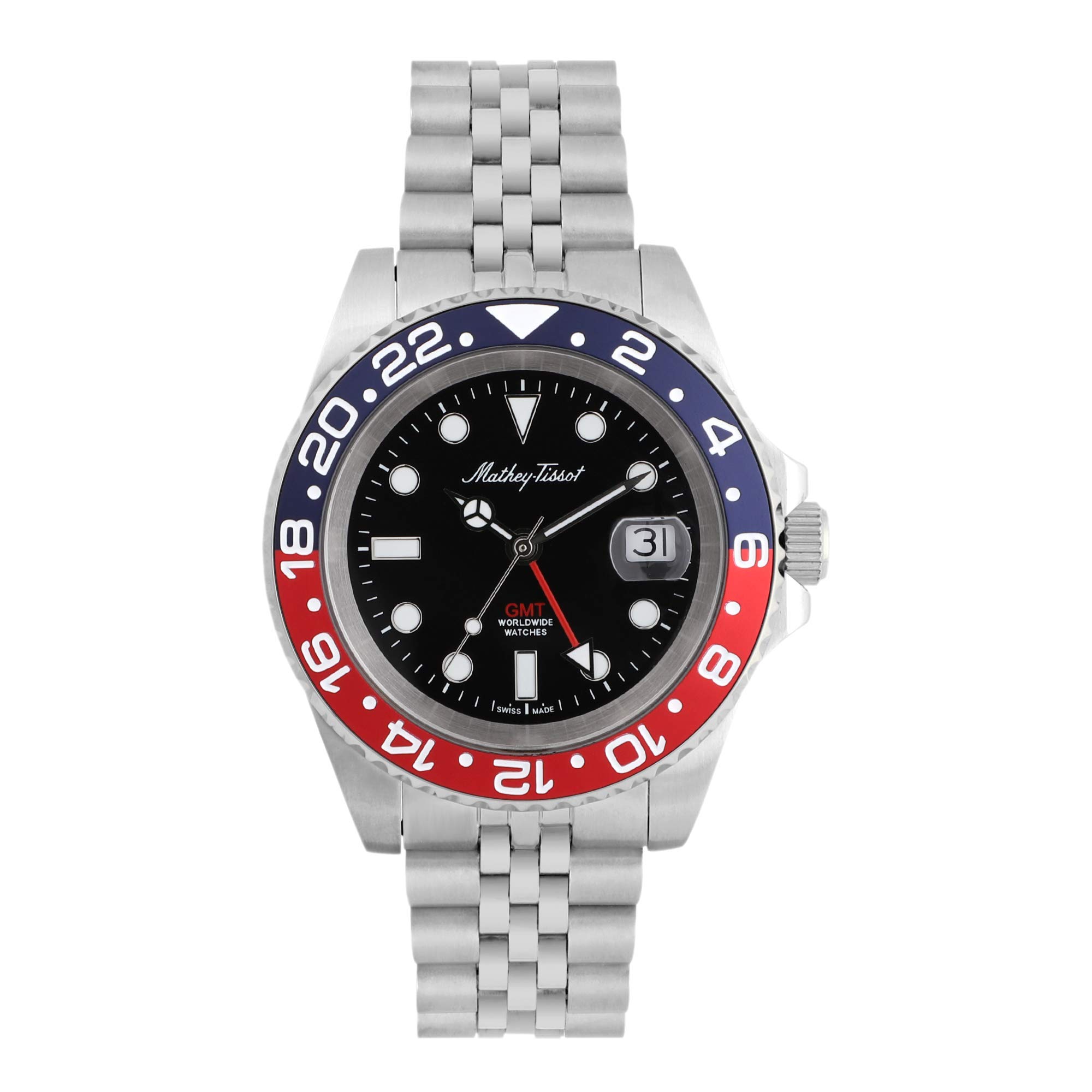 Mathey-Tissot Mathy Vintage GMT Automatic Men's Watch - Black Dial, Pepsi Bezel, Stainless Steel (H903AR) - Perfect for Business, Travel & Luxury Gift Giving