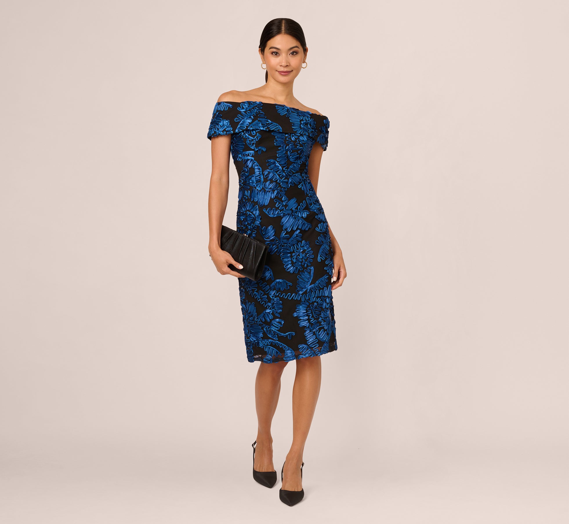 Elegant Off Shoulder Soutache Dress in Navy & Black - Perfect for Evening Parties, Weddings, and Special Occasions