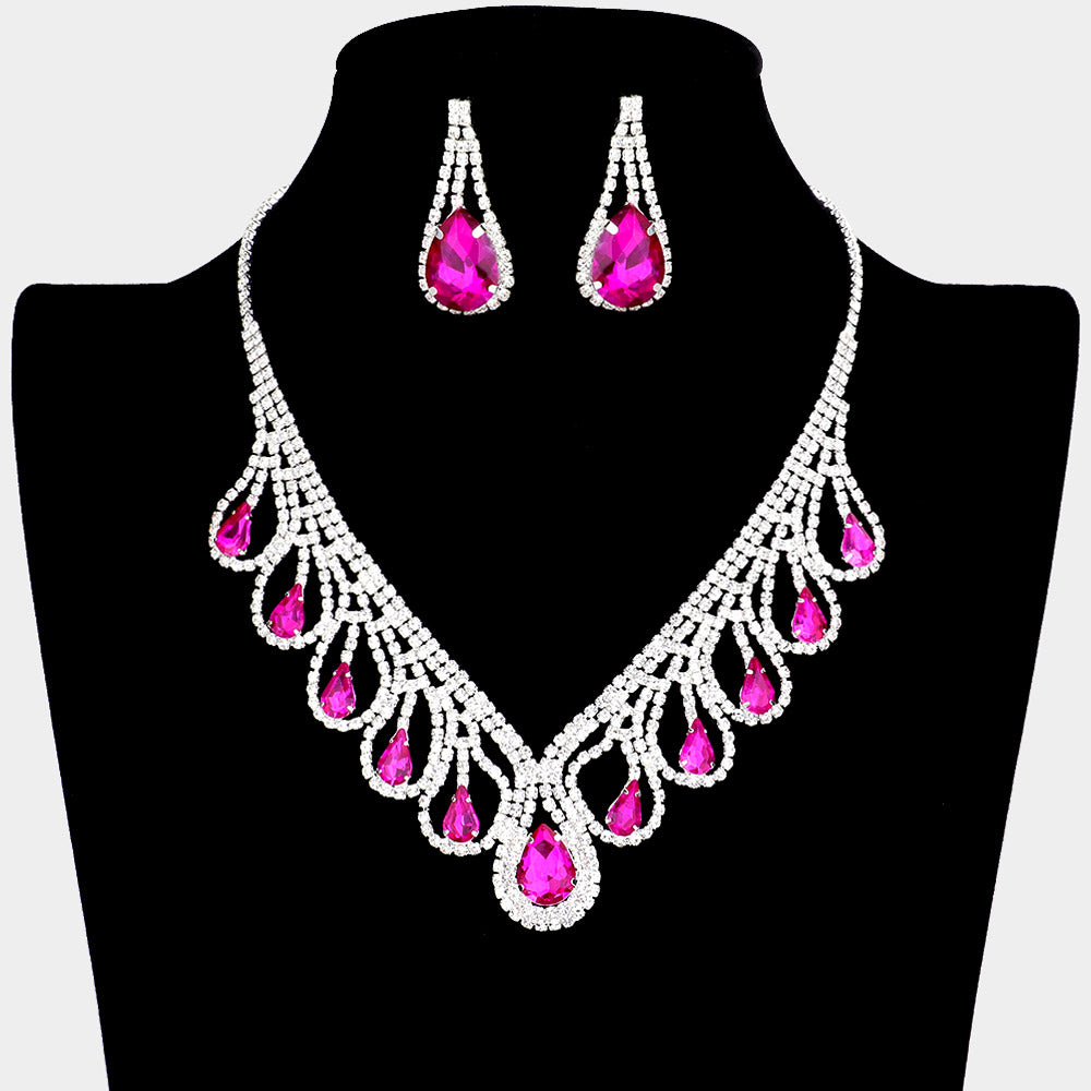 Fuchsia Teardrop Rhinestone Necklace Set - Elegant Crystal Jewelry for Women | Perfect for Parties, Weddings & Special Occasions