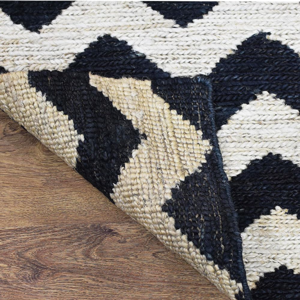 Hand Knotted SUMAK Jute Eco-Friendly Contemporary Area Rug 8'x10' Rectangle - Cream & Black High Pile Natural Fiber Rug for Living Room, Bedroom & Outdoor Use | Handmade Indoor/Outdoor Rug (J00014)