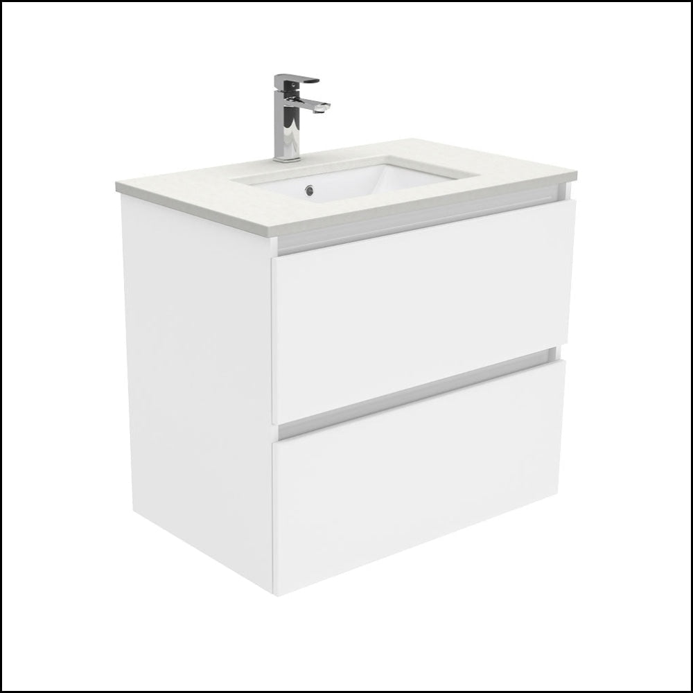 Fienza SC75Q 750mm White Undermount Crystal Pure Stone Top Wall Hung Vanity Unit - Perfect for Modern Bathroom & Powder Room Renovations