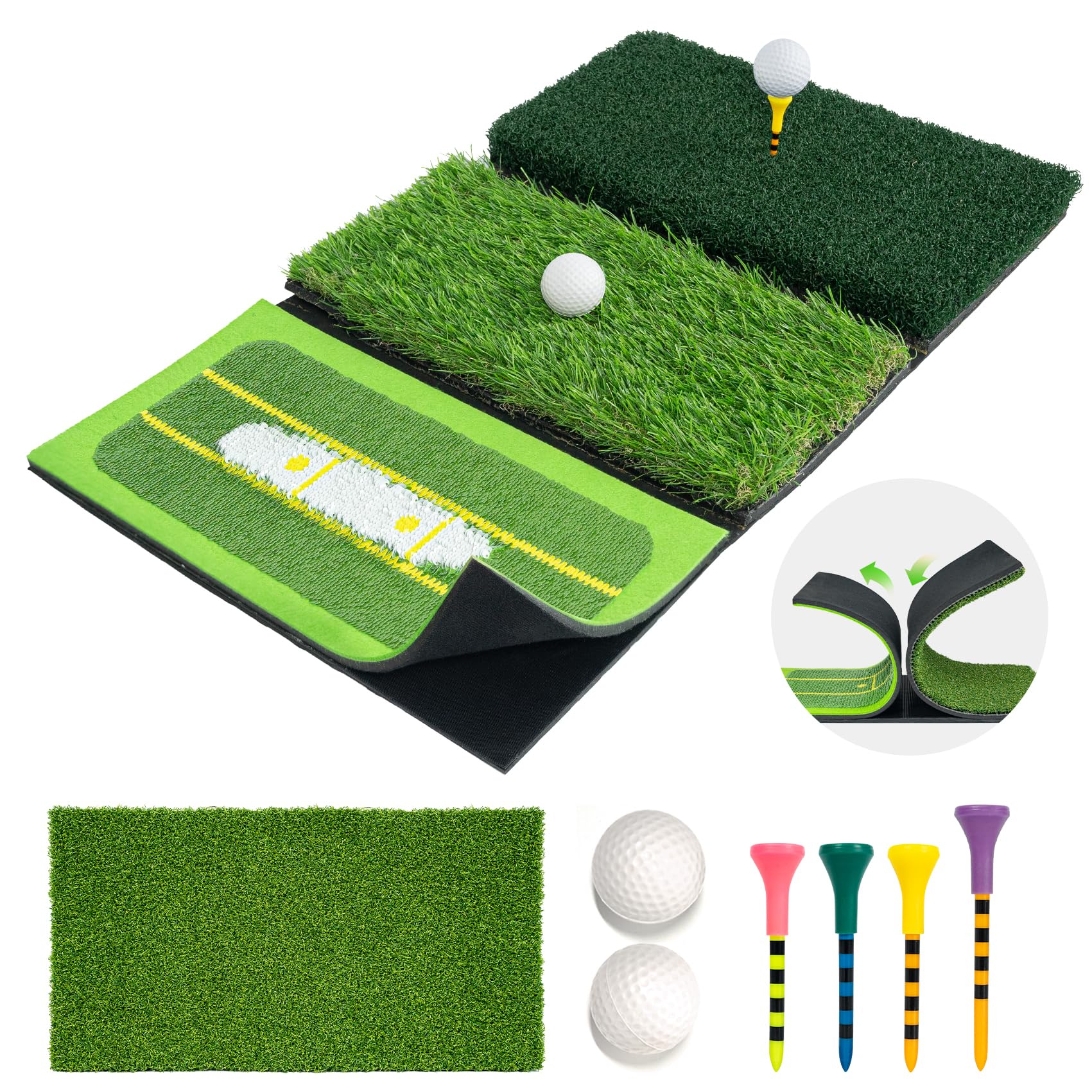 4 in 1 Golf Hitting Mat with Path Feedback - Includes 4 Tees & 2 Balls | Golf Training Aid for Driving, Chipping & Swing Practice | Perfect for Backyard, Indoor & Outdoor Use | Great Gift for Men & Dad