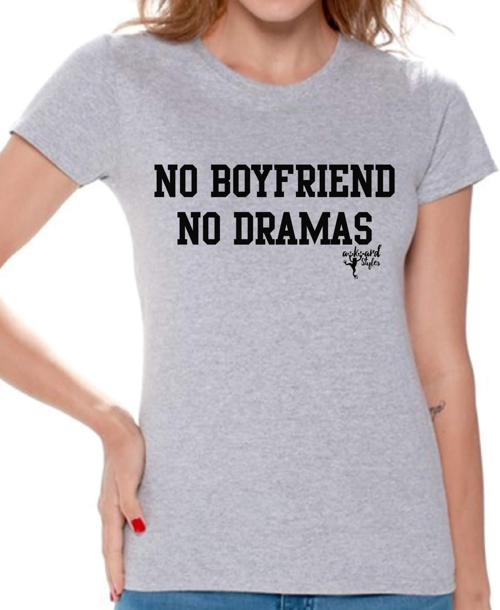 Awkwardstyles Women's Funny No Boyfriend No Drama Graphic T-Shirt - Black Sarcastic Humor Tee for Casual Wear & Gifts | Perfect for Girls Night Out, Bachelorette Parties & Comedy Lovers