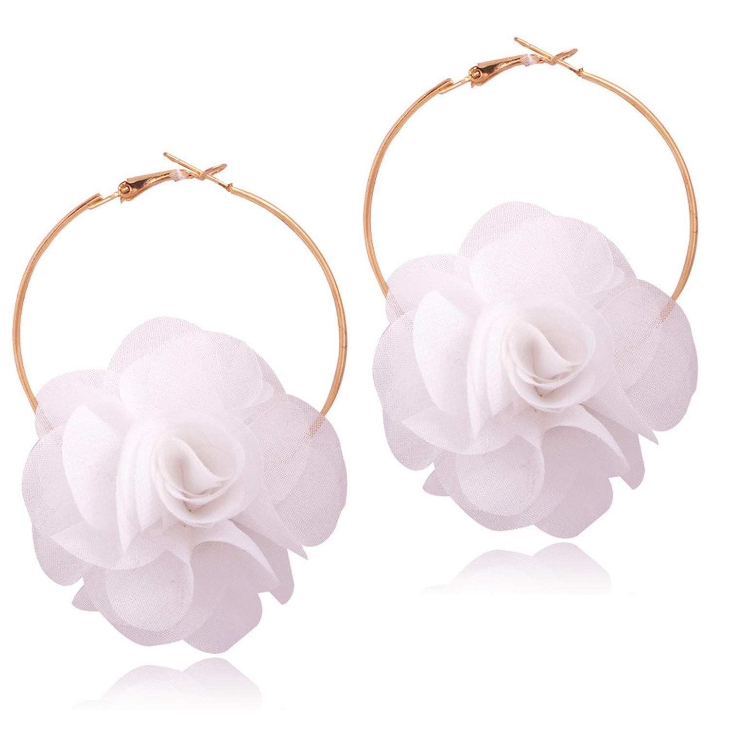 Lightweight Bohemian Big Fabric Flowers Dangle Drop Earrings - Handmade Floral Petal Hoop Earrings with Chiffon Tassel for Women | Perfect for Vacation, Wedding & Boho Fashion (White)