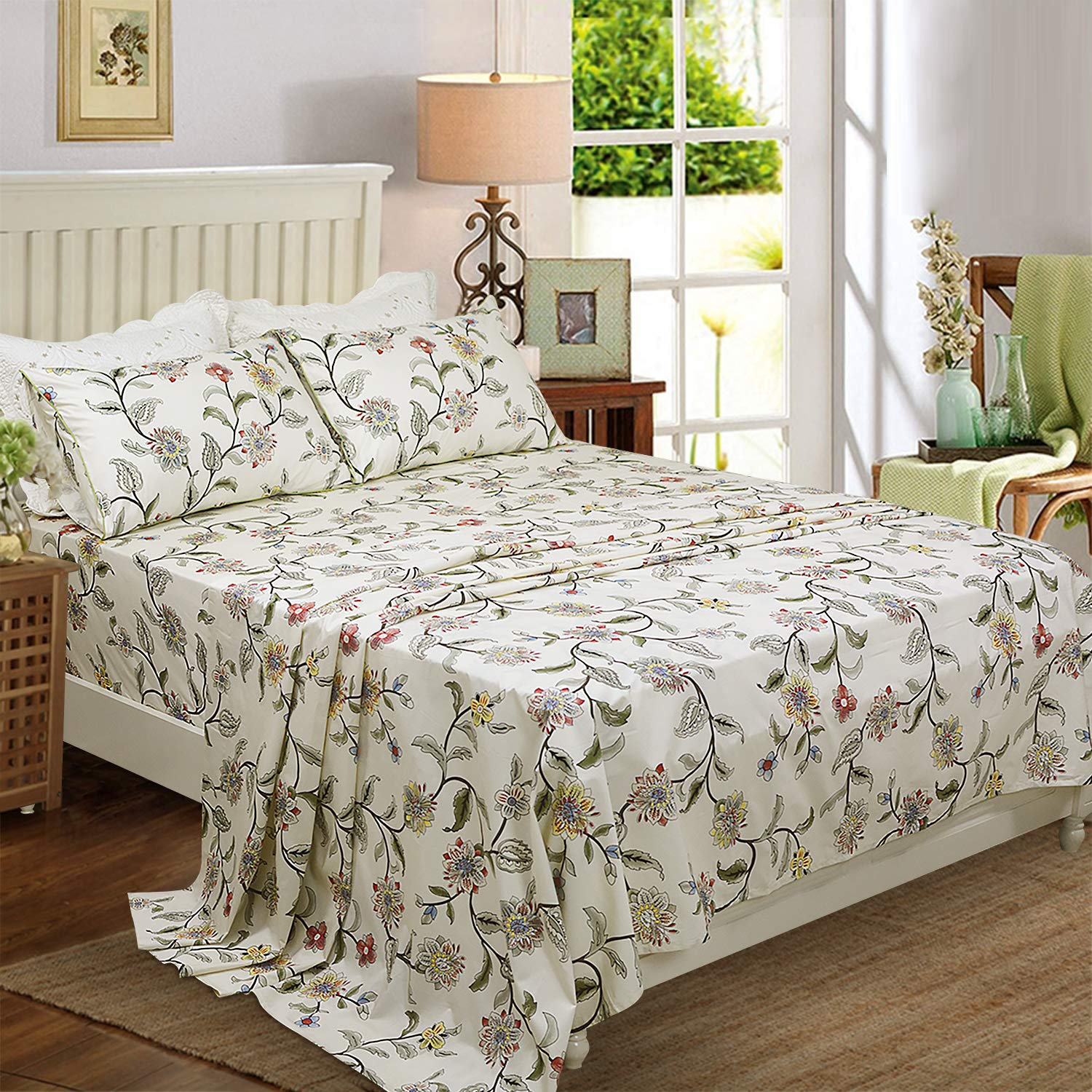 Softta Antique Chic 4-Piece Bed Sheet Set - 100% Egyptian Cotton 800 Thread Count Luxury Bedding - Full Size Green Floral Leaf Pattern - Perfect for Master Bedroom, Guest Room & Vintage Home Decor