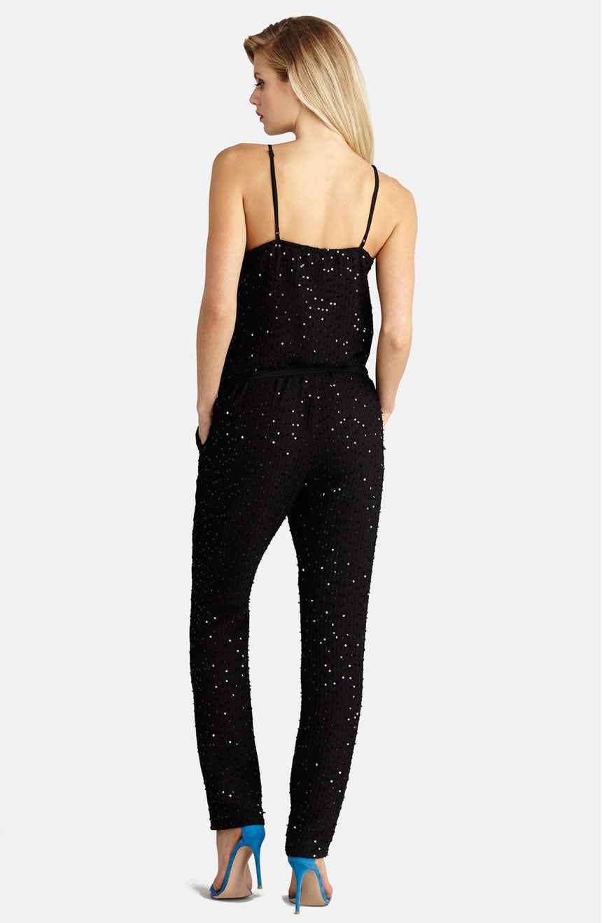 Donna Morgan Black Sequin Wrap Formal Jumpsuit for Women - Elegant Evening Wear for Parties, Weddings & Special Occasions