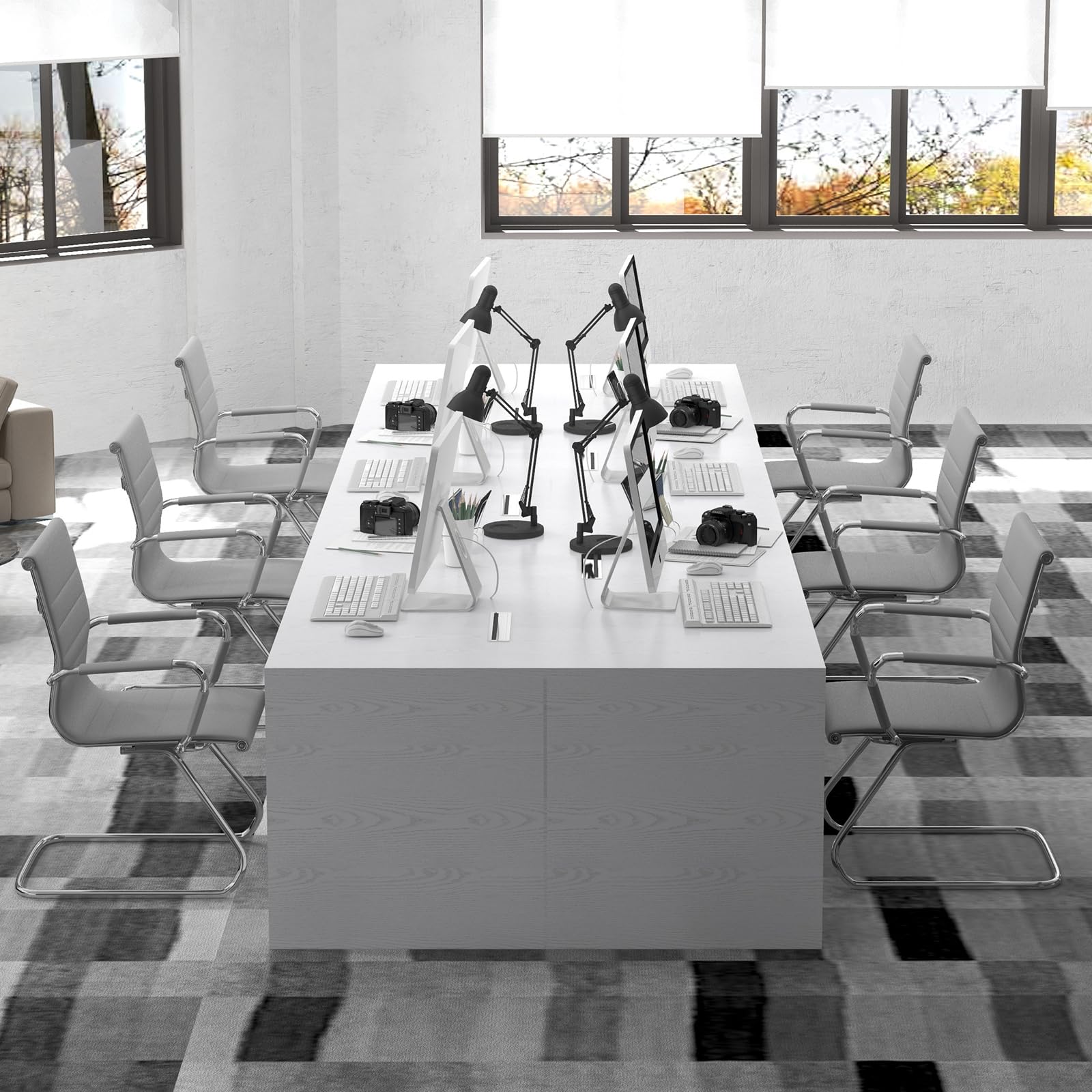 Ergonomic Office Desk Chair Set of 4 - PU Leather Mid Back Computer Chairs Without Wheels for Home, School & Office - Conference, Reception & Waiting Room Guest Chairs (Grey) - Perfect for Workspaces, Study Rooms & Professional Settings