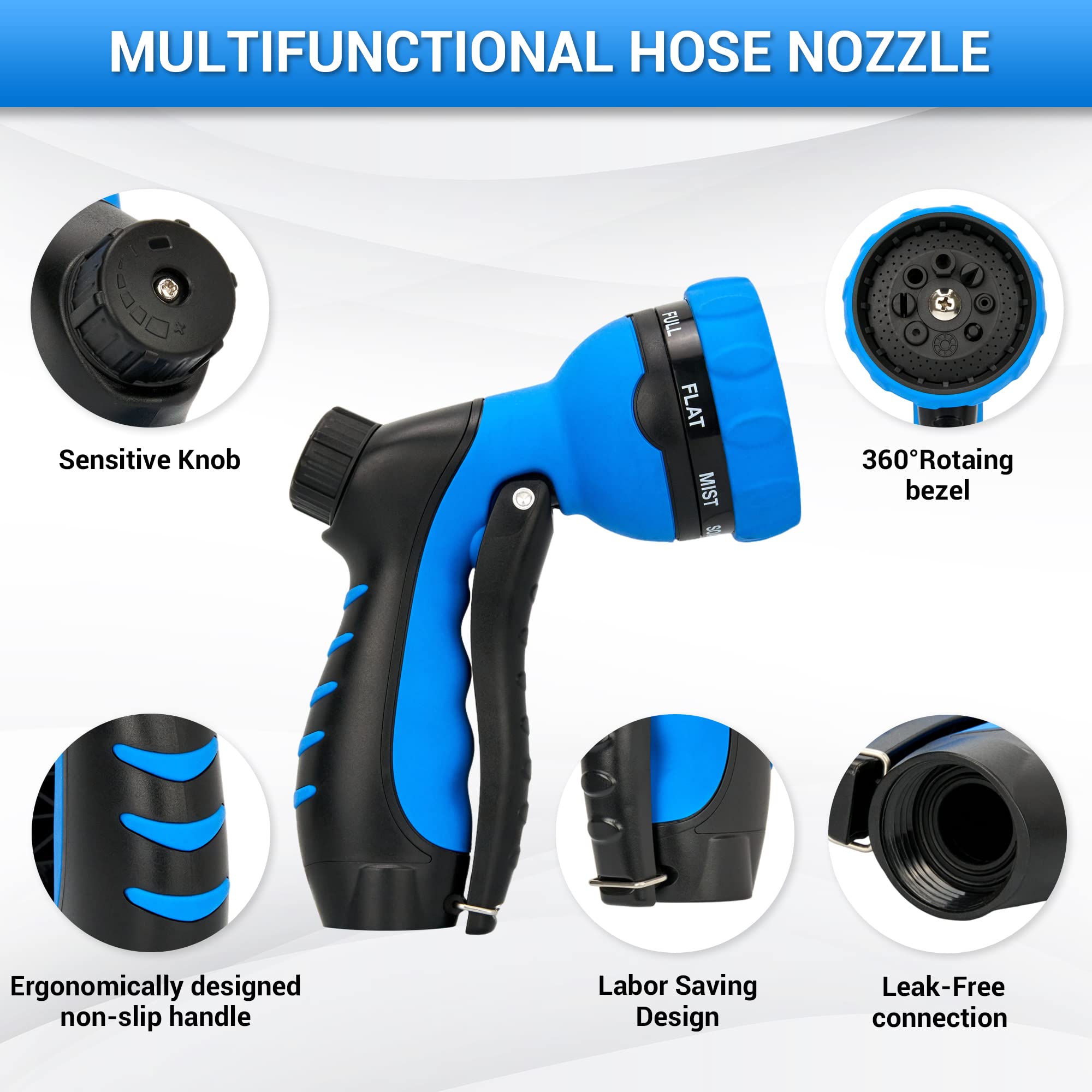 NGreen Heavy Duty Garden Hose Nozzle - 8 Adjustable Water Spray Patterns, Ergonomic Non-Slip Grip for Plant Watering, Pet Bathing, Car Washing & Outdoor Cleaning (Blue) | Perfect for Lawn Care, Gardening, and Home Maintenance