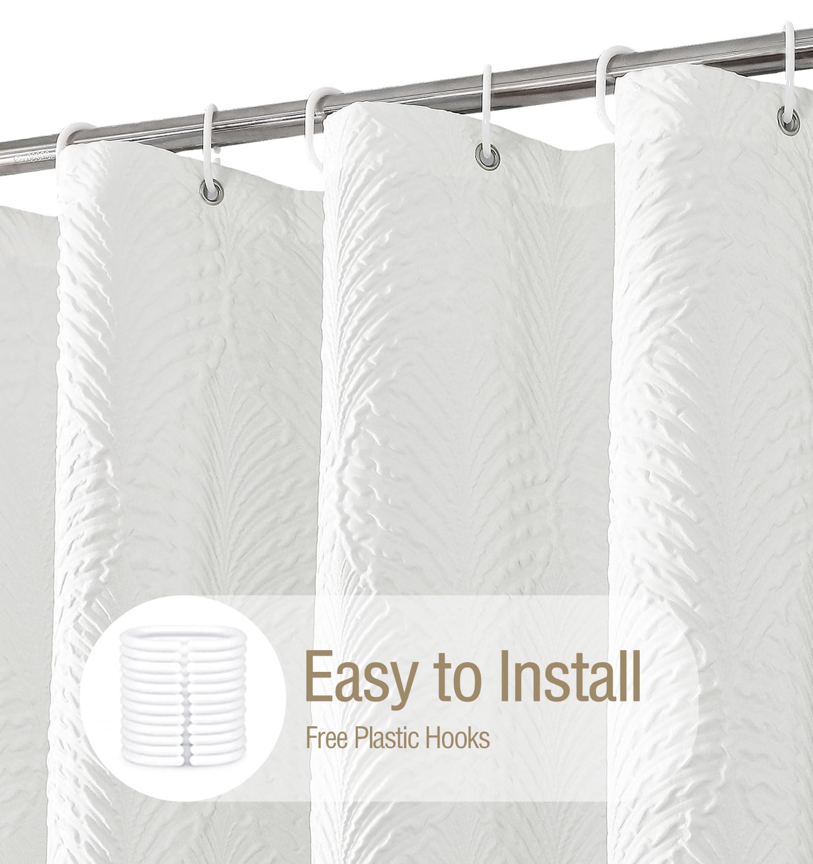 Extra Long Shower Curtain 72x84 Inches - 3D Embossed Textured White Fabric Bathroom Curtain with Hooks, Modern Farmhouse Chic Design for Tall Showers - Perfect for Spa-Like Bathrooms & Guest Suites
