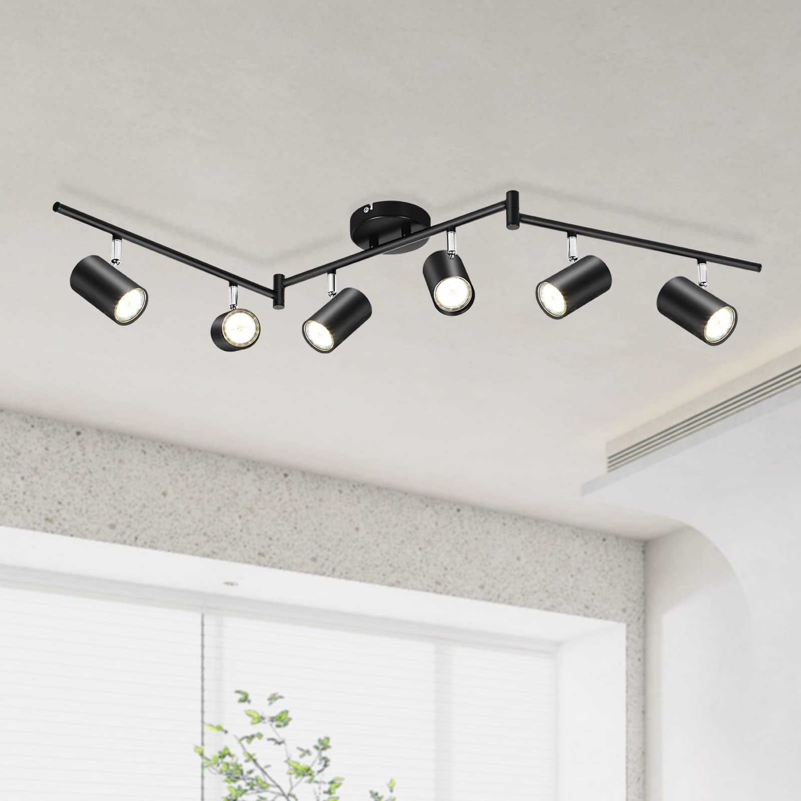 Kimjo 6-Light Black LED Track Lighting Fixture for Ceiling - Adjustable Spot Light Kit with GU10 Socket - Modern Track Lighting System for Kitchen, Dining Room, Bar, Office & Retail Spaces
