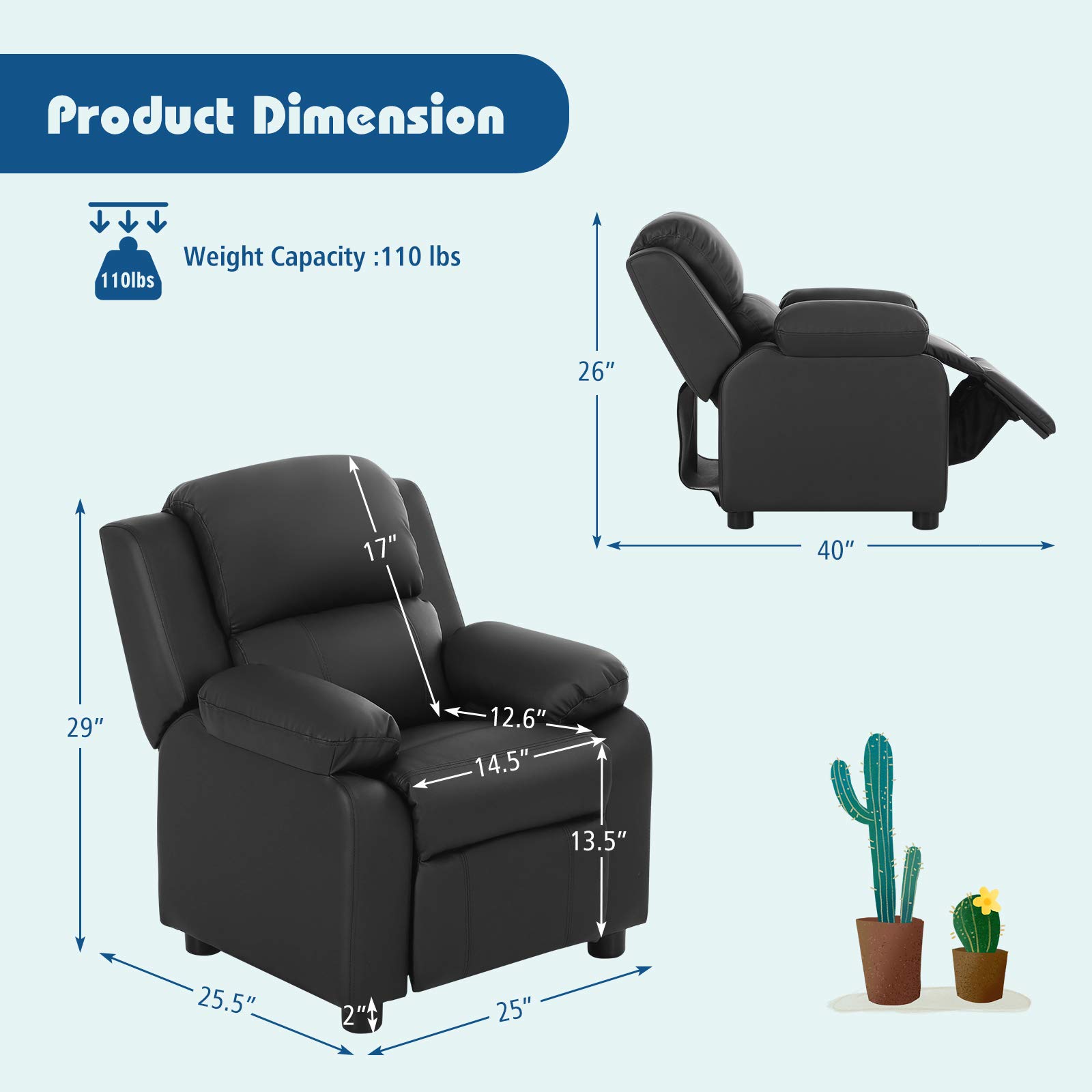 GLACER Kids Recliner Chair with Footrest - Adjustable Toddler Sofa with Flip-Up Storage Arms & Padded Backrest - Comfortable Children's Furniture for Boys and Girls (Black) - Perfect for Playrooms, Bedrooms & Movie Nights