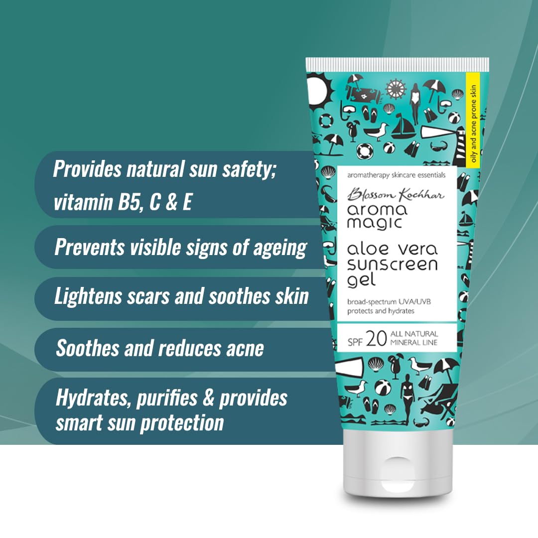 Aroma Magic Aloe Vera Sunscreen Gel SPF 20 - Broad Spectrum UVA/UVB Protection for Oily & Acne-Prone Skin | 100ml | Lightweight, Non-Greasy Formula for Daily Face & Body Sun Protection