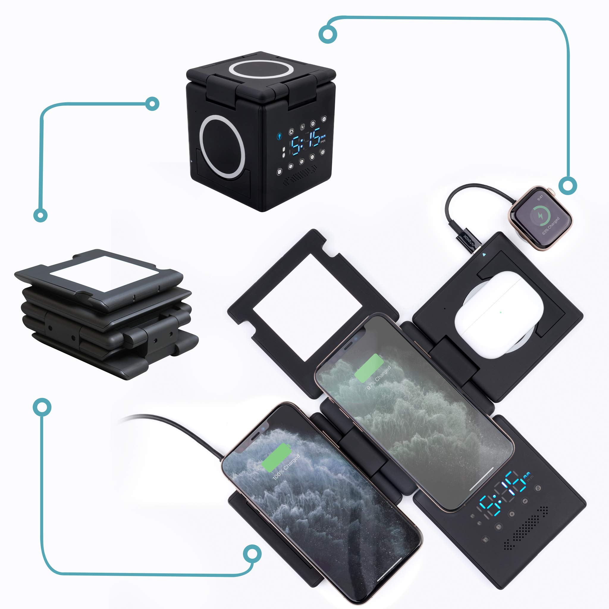 HyperCube 3-in-1 Foldable Wireless Charging Station - 10W Fast Charger for iPhone 13/14, Apple Watch Series 7/8, AirPods Pro - LED Alarm Clock & Night Light with 60W PD Adapter & 6.5ft USB-C Cable | Perfect for Bedside, Office & Travel Charging Needs