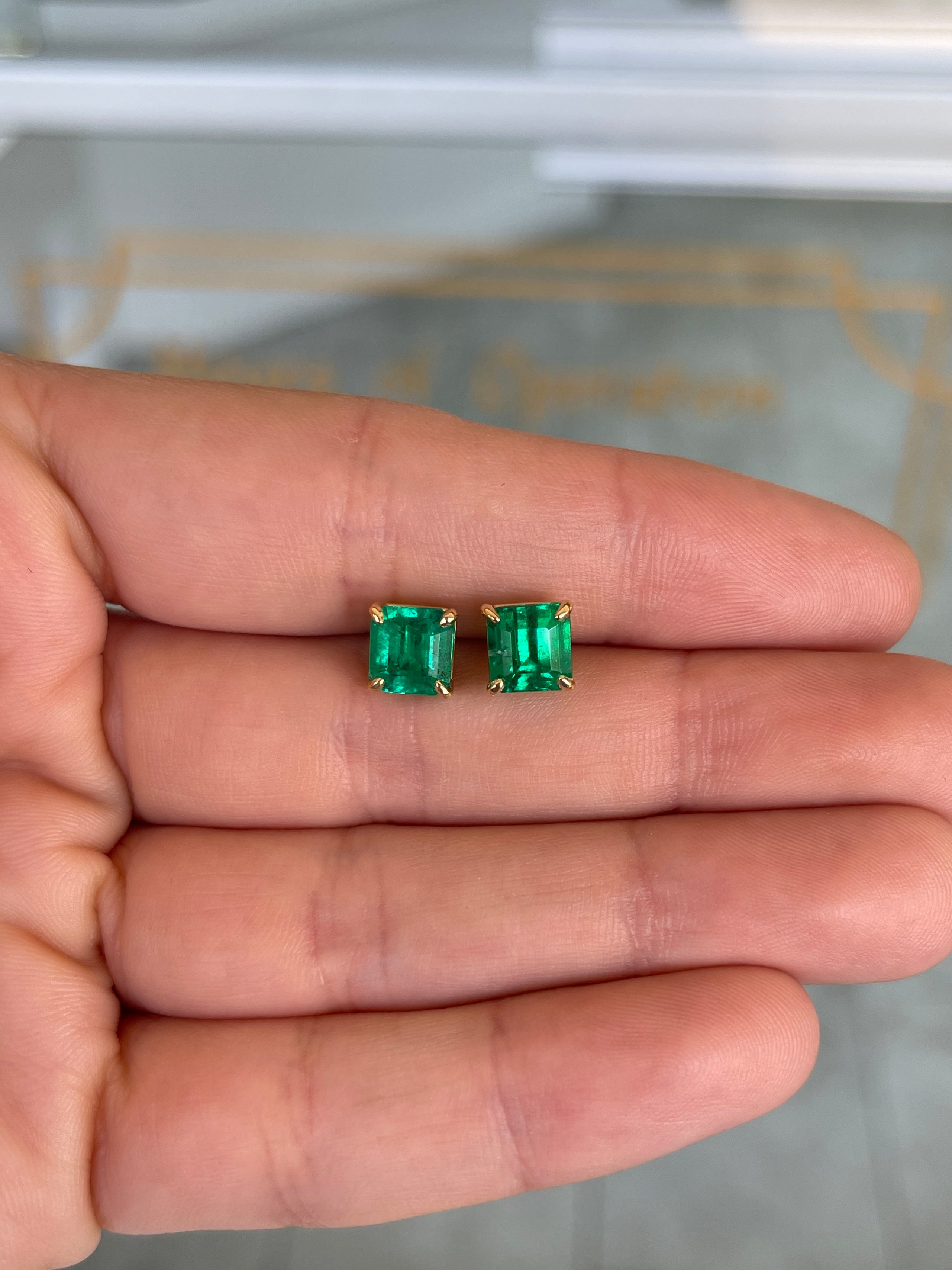 3.18tcw 7x7 AAA+ Muzo Green Asscher Cut Colombian Emerald Stud Earrings in 18K Gold - Perfect for Weddings, Anniversaries & Special Occasions