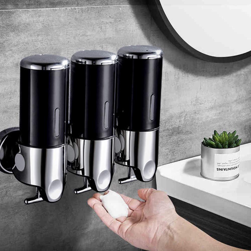 3x500ml Black Wall Mounted Soap Dispenser - Commercial & Home Bathroom Liquid Soap & Hand Sanitizer Pump - Durable Plastic Design for Kitchen, Restroom, Salon, and Office Use