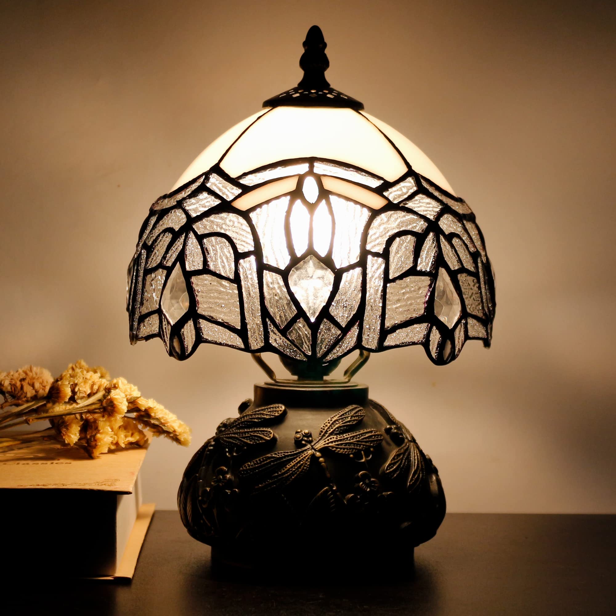 RHLAMPS Small Tiffany Lamp - 8x11 Inch White Stained Glass Table Lamp, Bronze Mushroom Design, Mini Accent Lamp for Bedroom, Living Room, and Office Decor