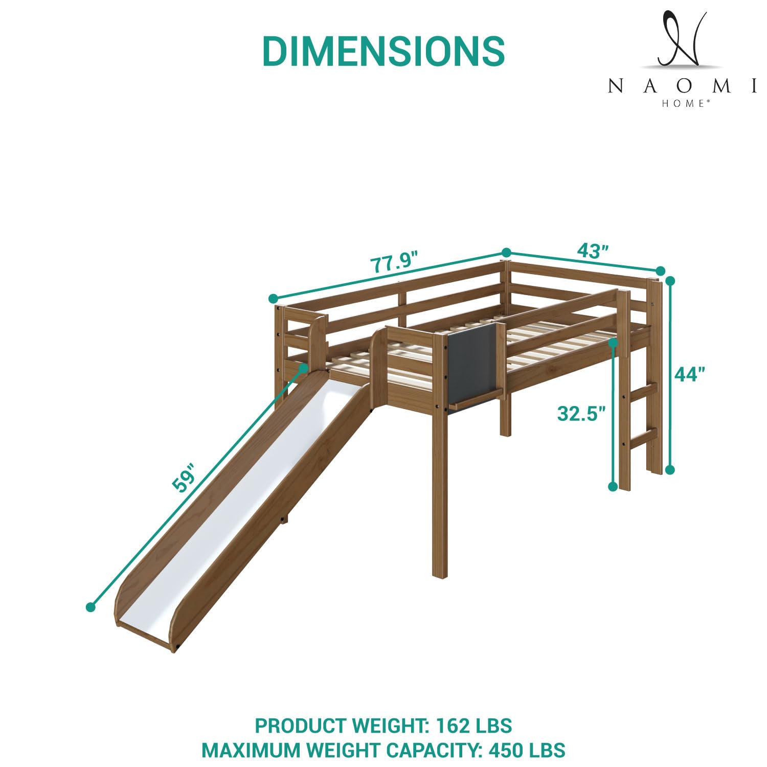 Naomi Home Cindy Twin Loft Bed with Slide - Solid Wood Toddler & Kids Bed with Ladder, Chalkboard - Space Saving Bed Frame for Boys & Girls (Latte Finish) | Perfect for Small Rooms, Playrooms & Shared Kids' Bedrooms
