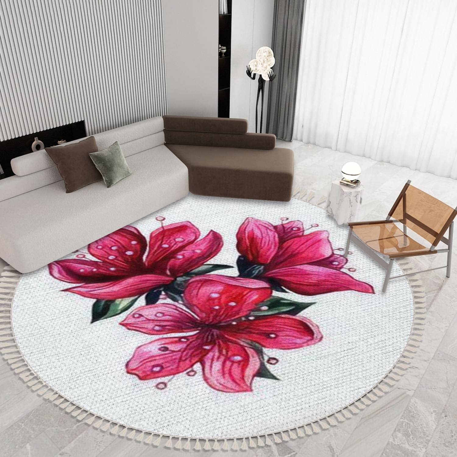Handmade Vintage Asian Watercolor Plum Blossom Pink Round Shag Rug - 6ft Boho Fringe Circle Carpet with Tassels for Nursery, Kids Room, Playroom & Living Room Decor | Soft Area Rug for Boys & Girls Bedroom, Dorm, Yoga Space & Cozy Home Accent