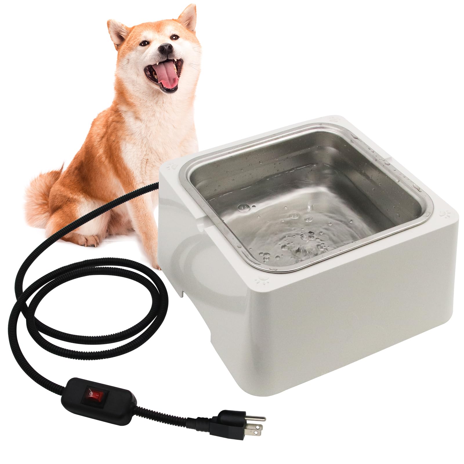 110OZ Heated Pet Water Bowl for Dogs & Cats - 100W Electric Stainless Steel Outdoor Water Dish with Thermostat & Removable Bowl - Winter-Proof Drinking Solution for Cold Weather - Perfect for Backyards, Kennels & Outdoor Pet Houses (White)