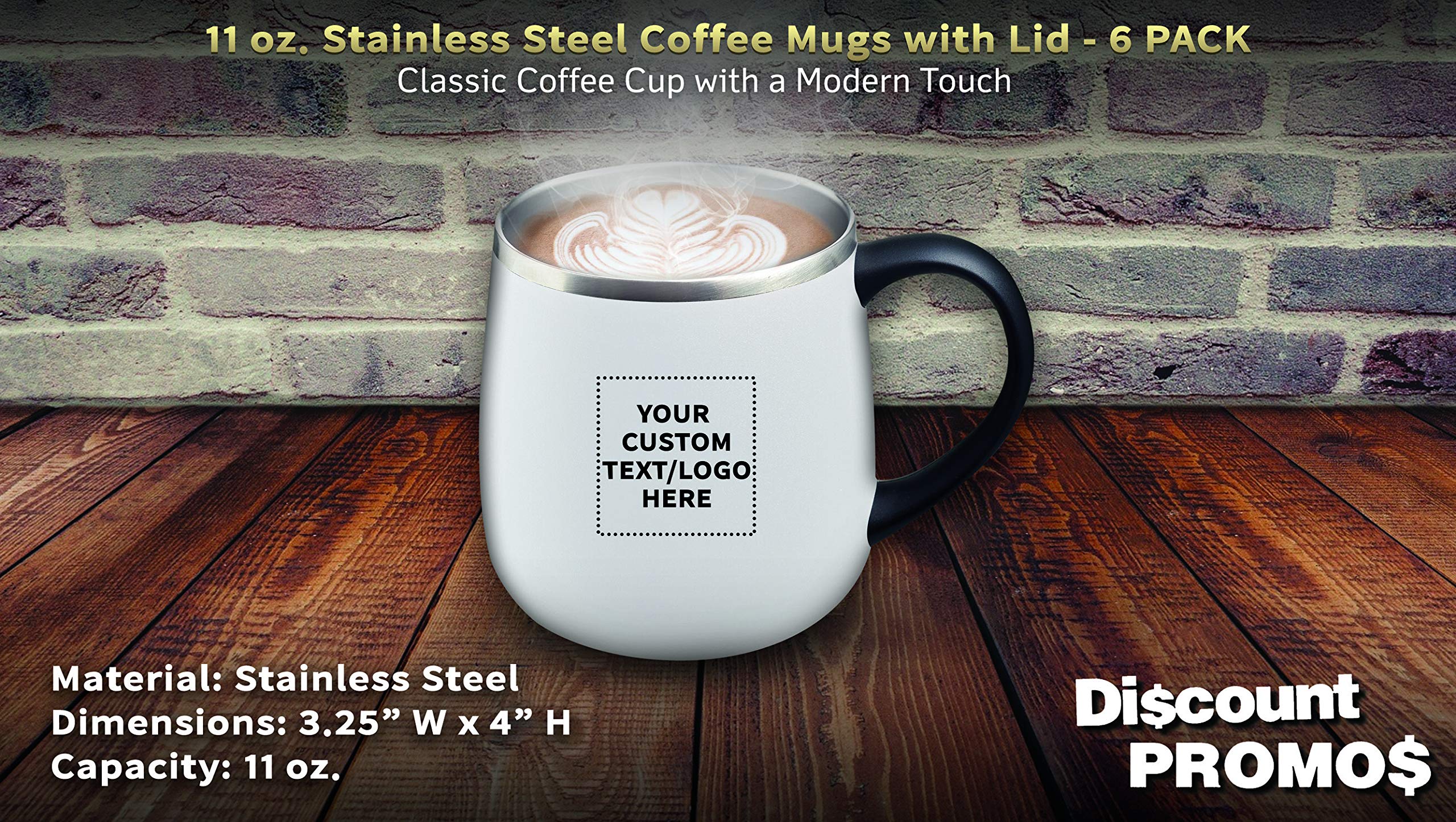 Personalized 11 oz Stainless Steel Coffee Mugs with Lid - 6 Pack Custom Text & Logo - White - Perfect for Office Gifts, Corporate Events & Travel Commuter Cups