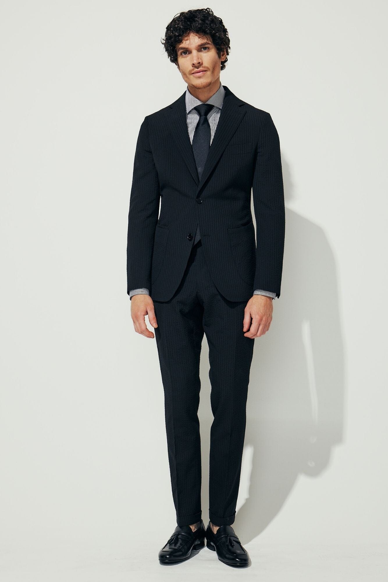 Liam Suit for Men - Black Shadow Stripe Seersucker Wool Blazer | Formal Business Attire & Wedding Suit | Office Wear & Special Occasion Outfit