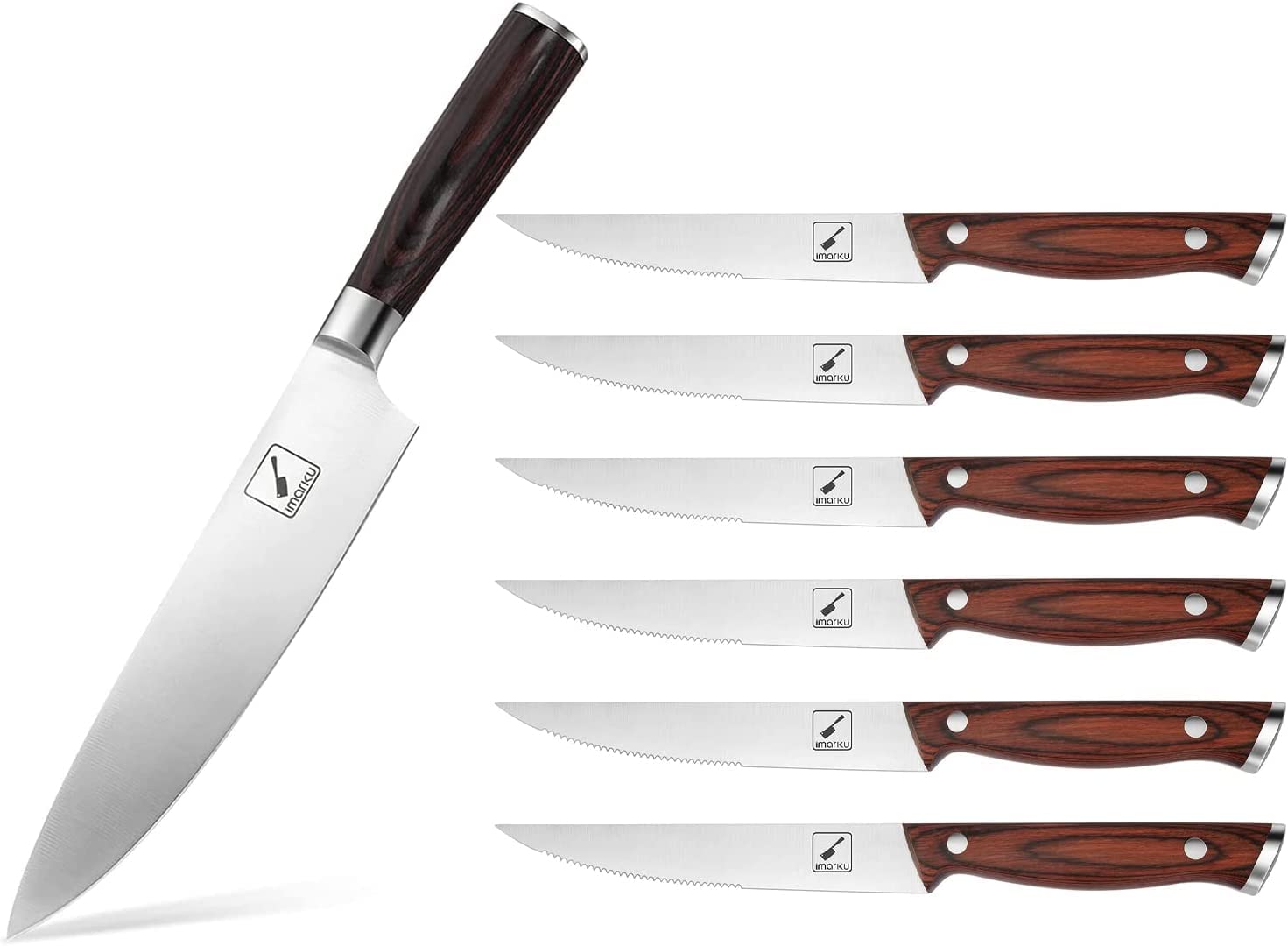 Imarku 8-Inch Japanese Chef Knife & Steak Knives Set of 6 - Ultra Sharp Kitchen Knives with Ergonomic Handle & Gift Box - Perfect for Sushi, Meat Cutting, and Professional Cooking
