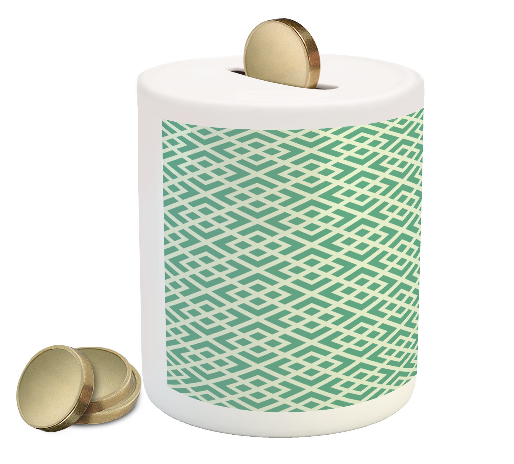 Ambesonne Mint Green Ceramic Piggy Bank - Vintage Checkered Striped Abstract Design for Cash Saving - Perfect for Kids, Teens & Home Decor (Jade & Almond Green) | Ideal for Birthday Gifts, Piggy Bank Challenge & Money Saving Goals