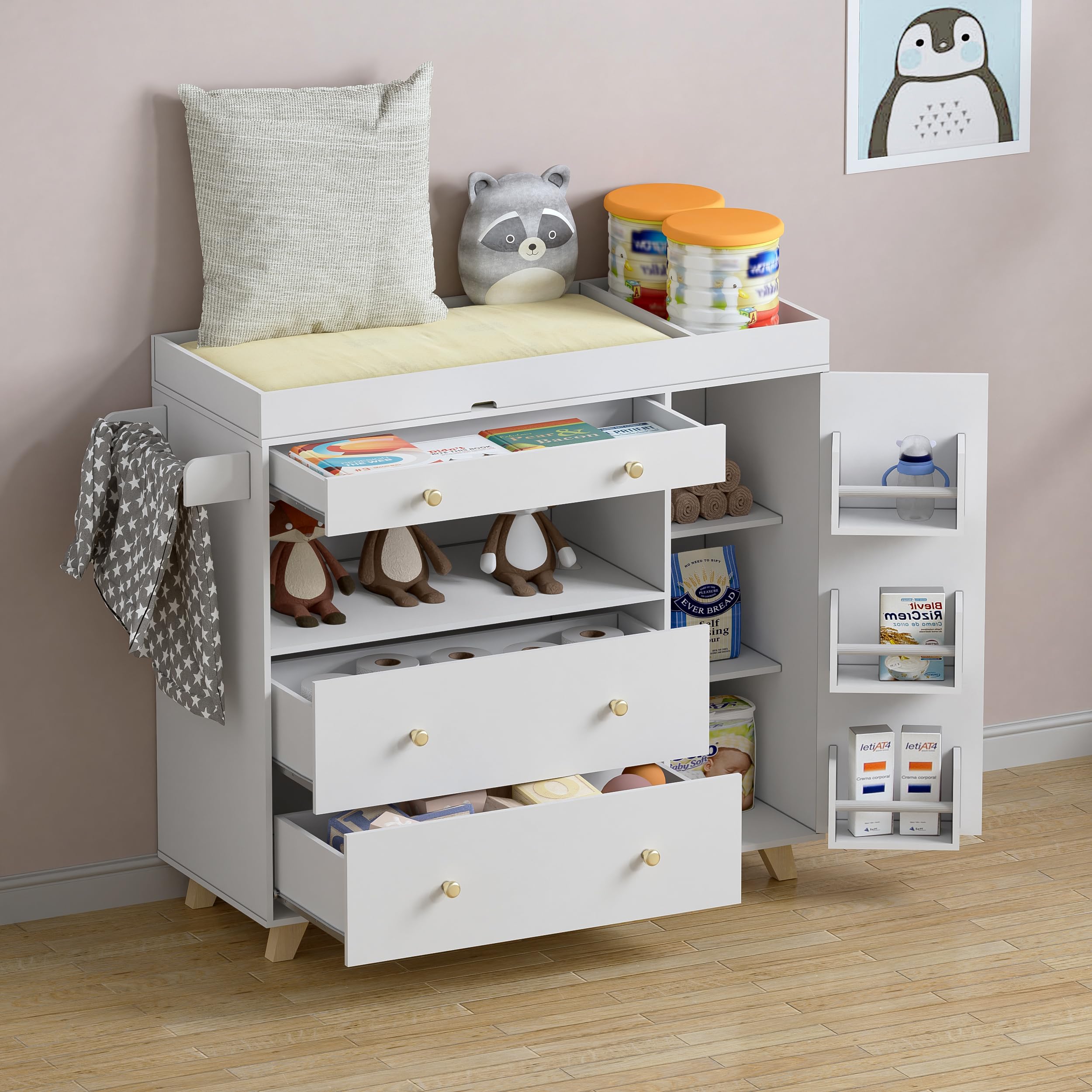 Modern White Changing Table Dresser with 3 Drawers & Wide Table Top - Nursery Baby Diaper Station, Perfect for Newborn Care & Toddler Organization