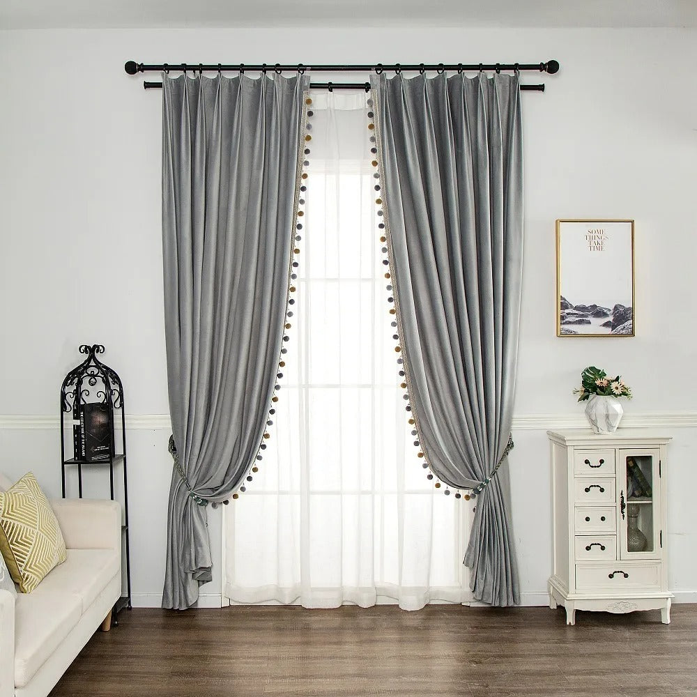 Luxury European Pompom Lace Velvet Curtains - Light Gray Window Drapes for Living Room & Bedroom Elegant Decor