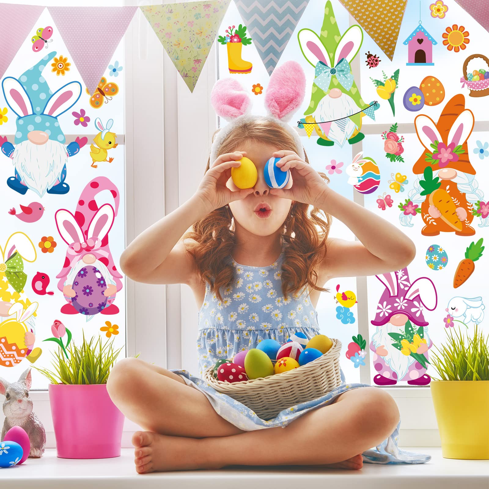 Whaline 18 Sheets Spring Window Clings - St. Patrick's Day & Easter Stickers with Cute Gnome, Sunflower, Bee, Shamrock, Bunny Eggs Decor for Home, School, Office - Party Supplies & Seasonal Window Decals (Perfect for Holiday Decorations, Classroom Activities & Festive Home Decor)