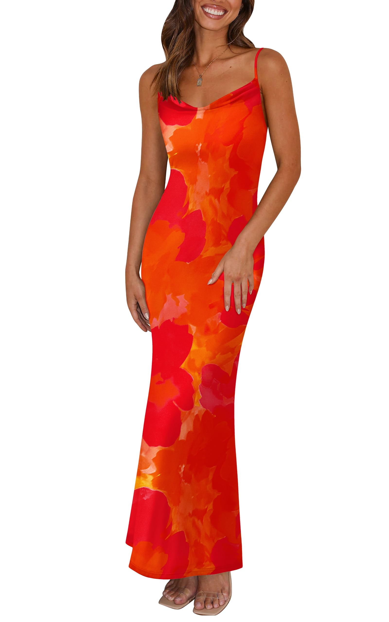 PRETTYGARDEN Women's Floral Spaghetti Strap Maxi Dress - Stretchy Sexy Bodycon Backless Slip Long Dress for Summer 2025 | Perfect for Beach Vacations, Date Nights & Summer Parties