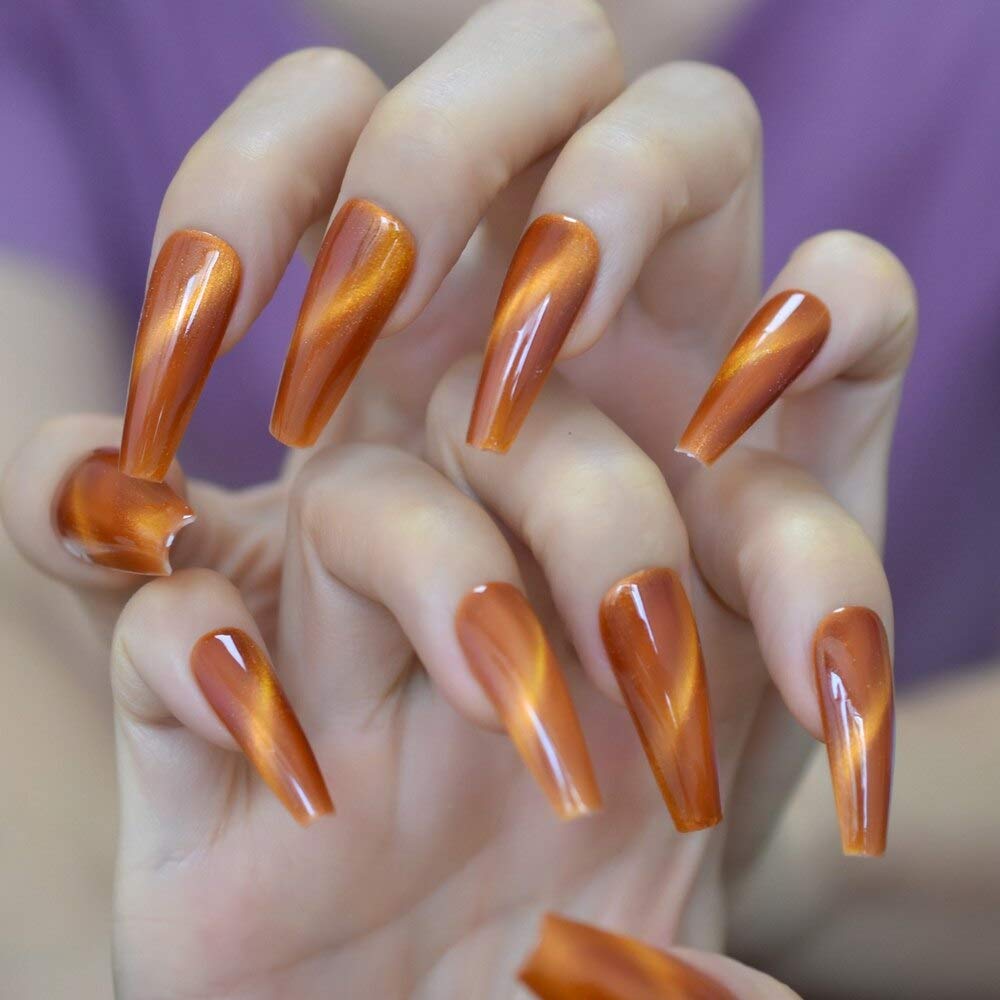 Glossy Handmade Cat Eye Extra Long Coffin False Nails - Dark Orange Press On Nails 20pcs Set - Flat Ballerina Fake Nails for Salon, Manicure & Party Wear