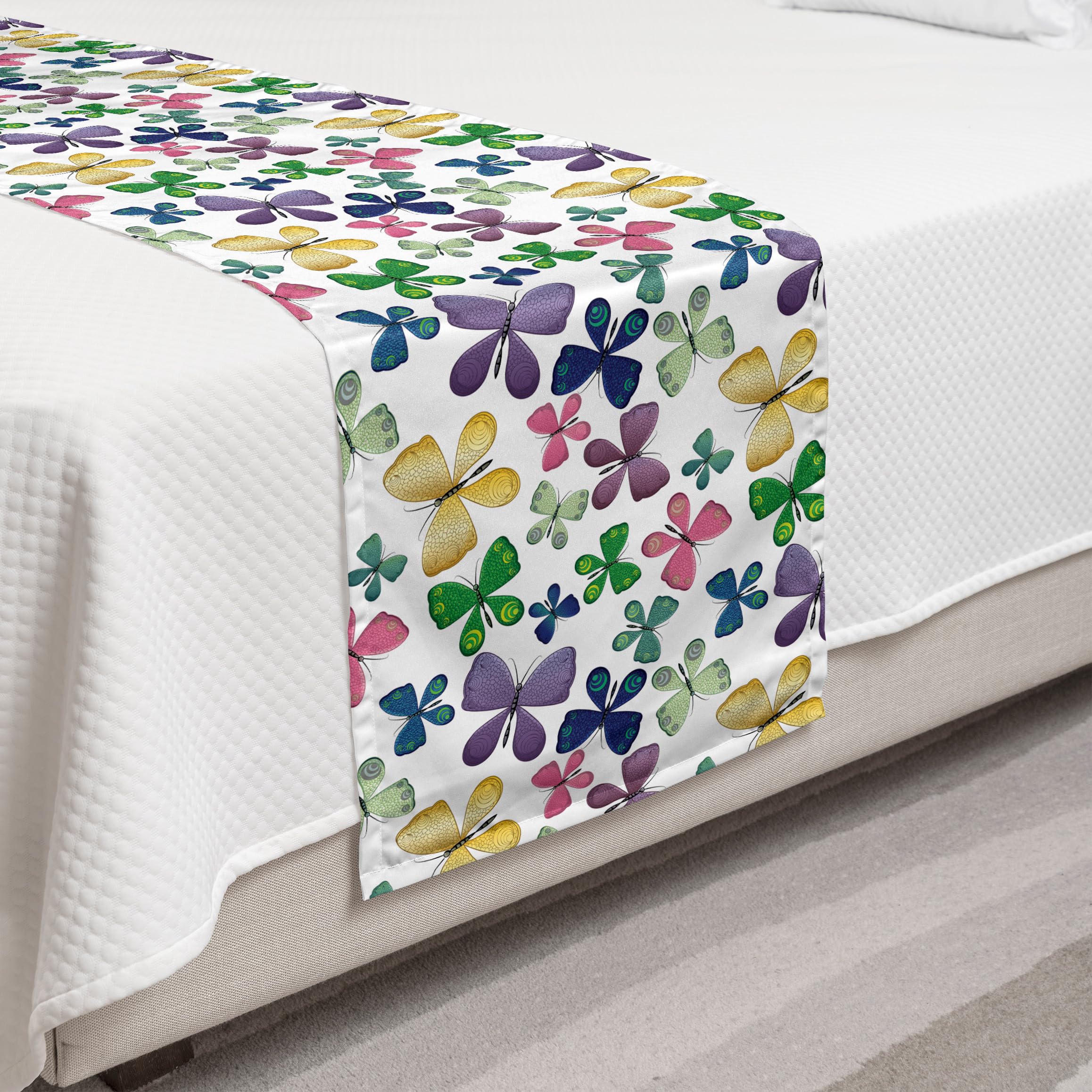 Ambesonne Butterfly Bed Runner - Colorful Spring Bugs Pattern with Swirled Circle Motifs, Decorative Accent Bedding Scarf for Hotels, Homes & Guestrooms | Perfect for Spring Home Decor, Bedroom Makeovers & Boho Chic Styling