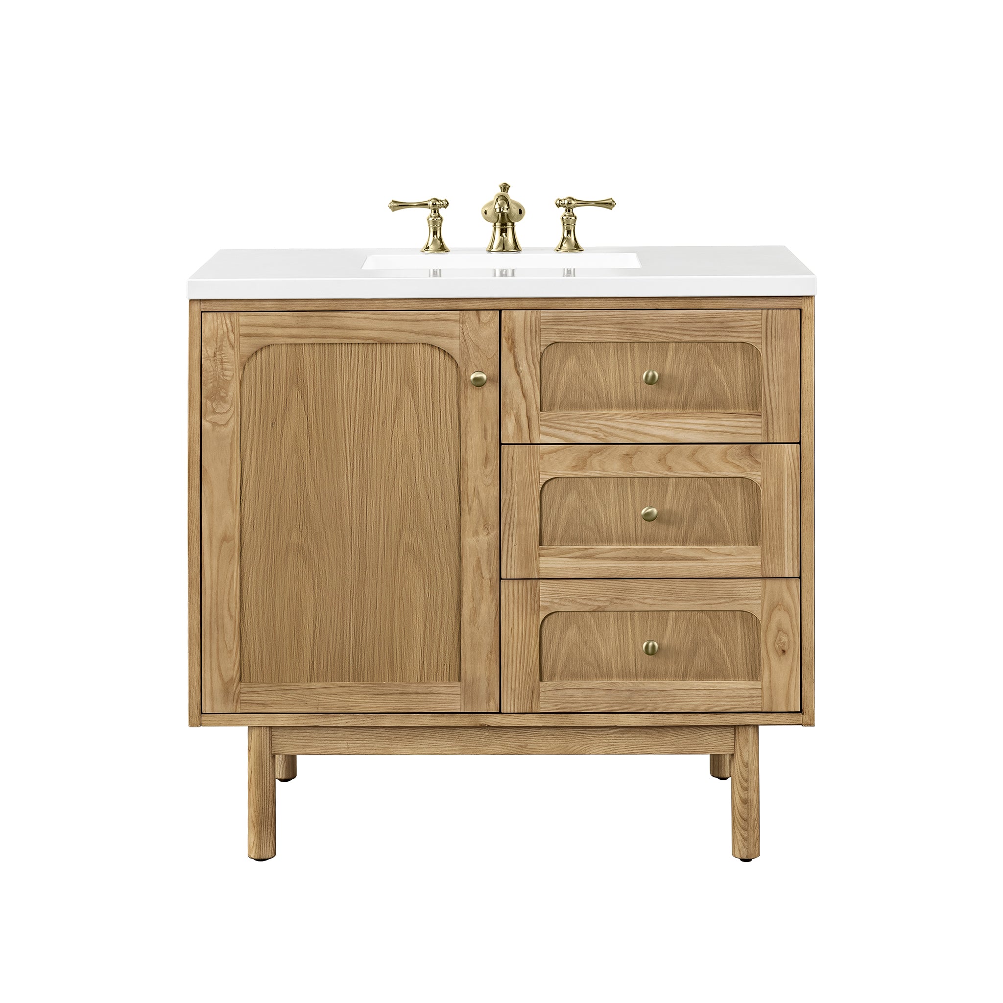 Laurent 36 Inch Single Bathroom Vanity with White Zeus Quartz Top - Light Natural Oak Finish - Modern Bathroom Storage for Small Spaces