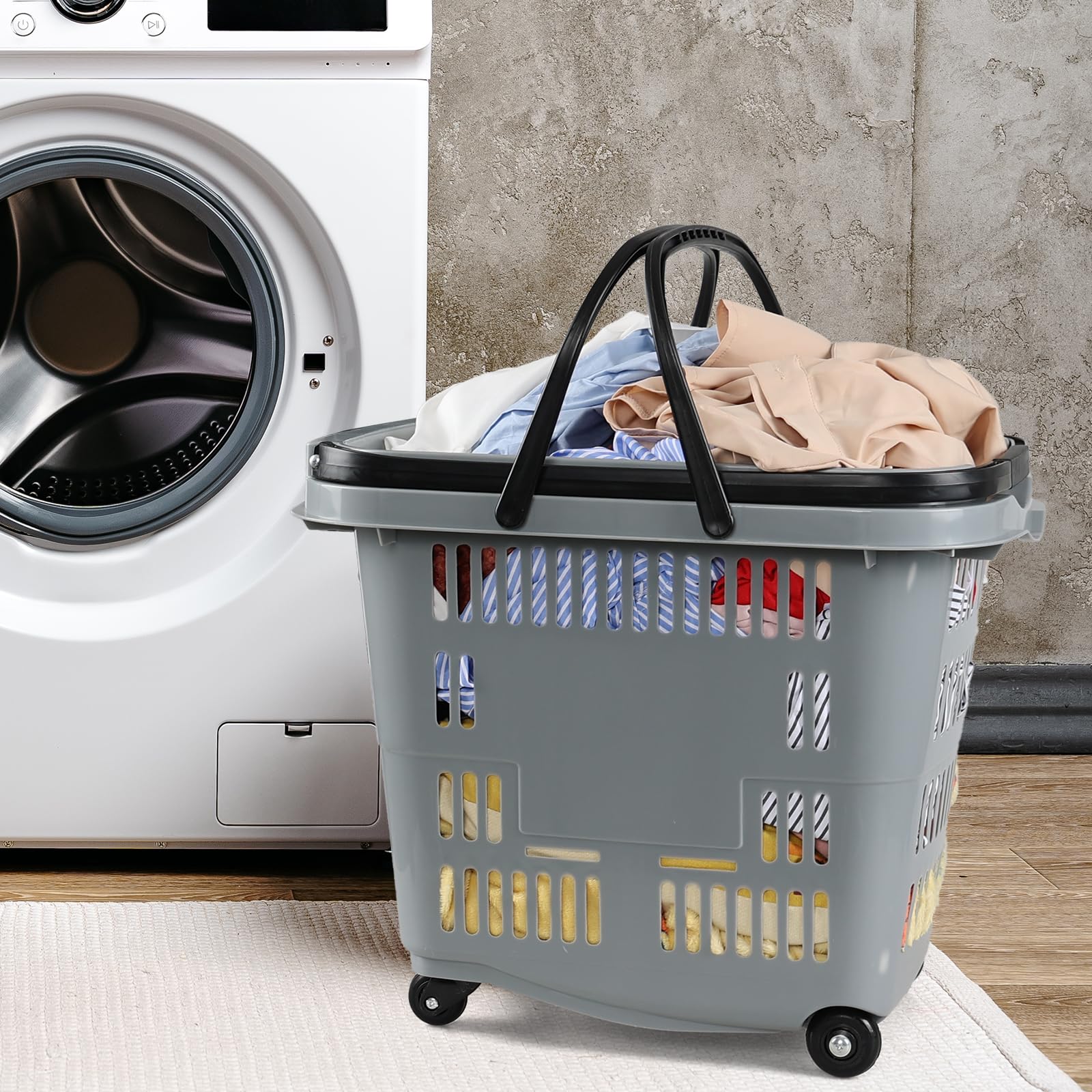 Kiddream 4 Pack Large Rolling Shopping Basket with Wheels - Portable Plastic Grocery Cart for Supermarkets, Malls & Home Storage - Grey